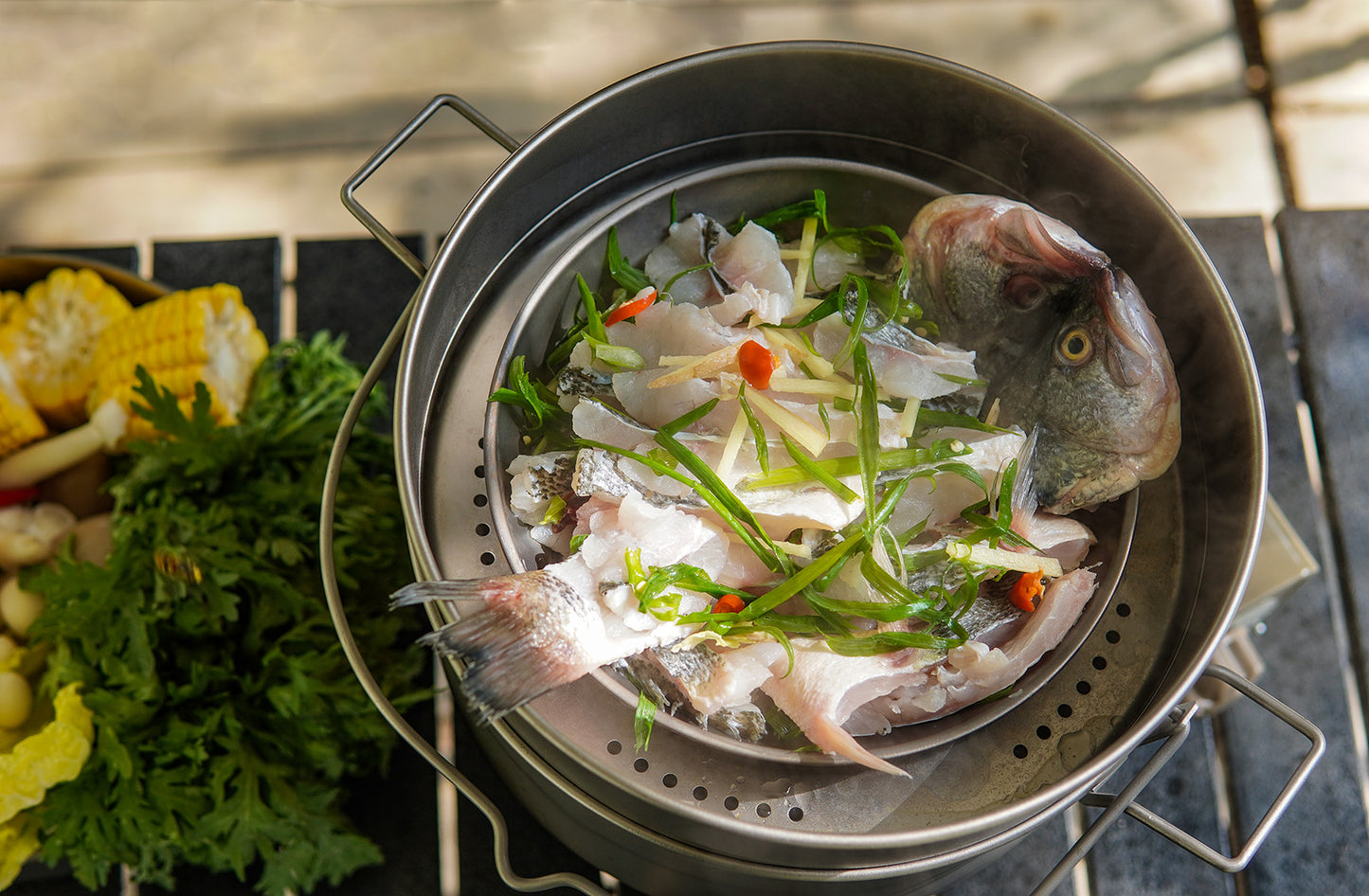 Boundless Voyage Titanium Food Steamer Pan & Stock Soup Pot, Portable Hanging Hot Pot Kitchenware for Outdoor Camping Picnic Travel Household Cooking Ti2112C- Ti2114C