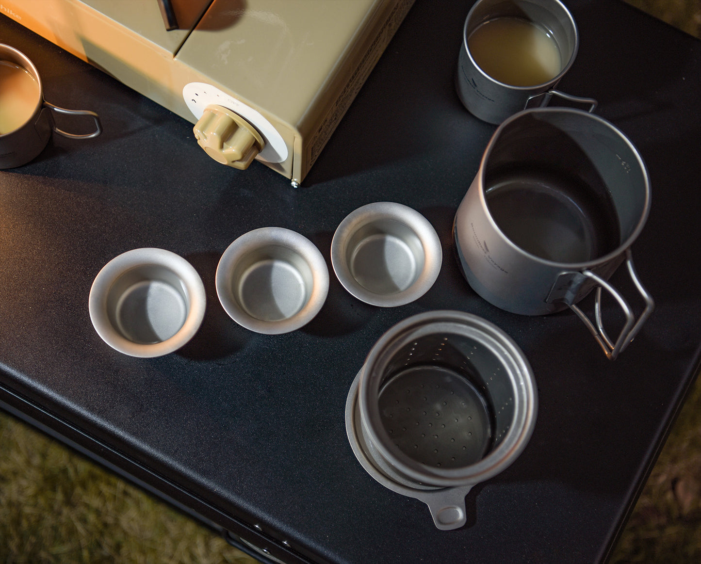 Boundless Voyage Pure Titanium Tea Mug Set, 500ml Cup with Lid, Scale & Strainer, Foldable Handle + Two 40ml Mini Teacups, Compact Camping Kit with Storage Bag Ti3126D