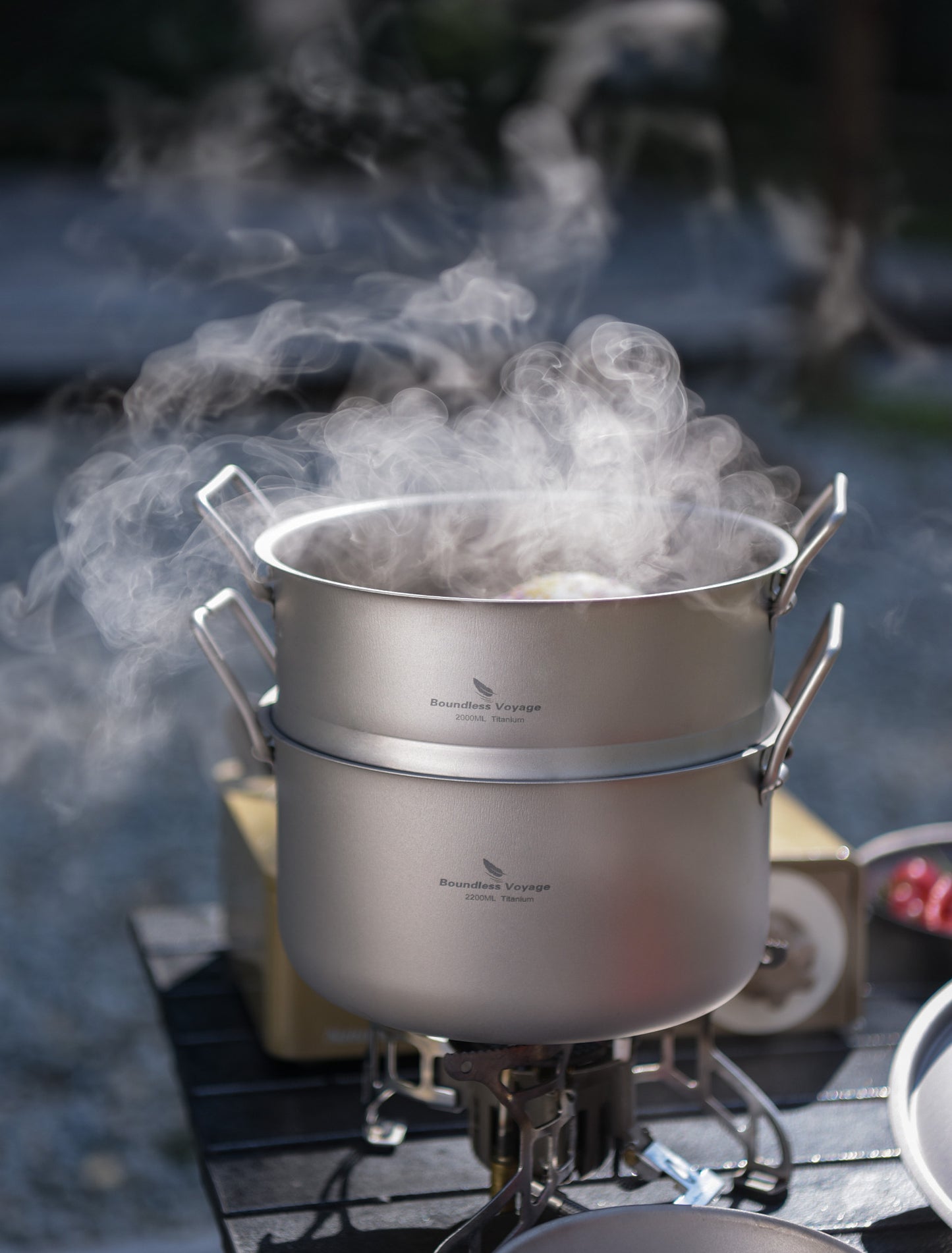 Boundless Voyage Titanium Soup Pot & Steamer Set 2.2L, Foldable Handle Camping Cookware for Hiking Kitchen Ti2111C