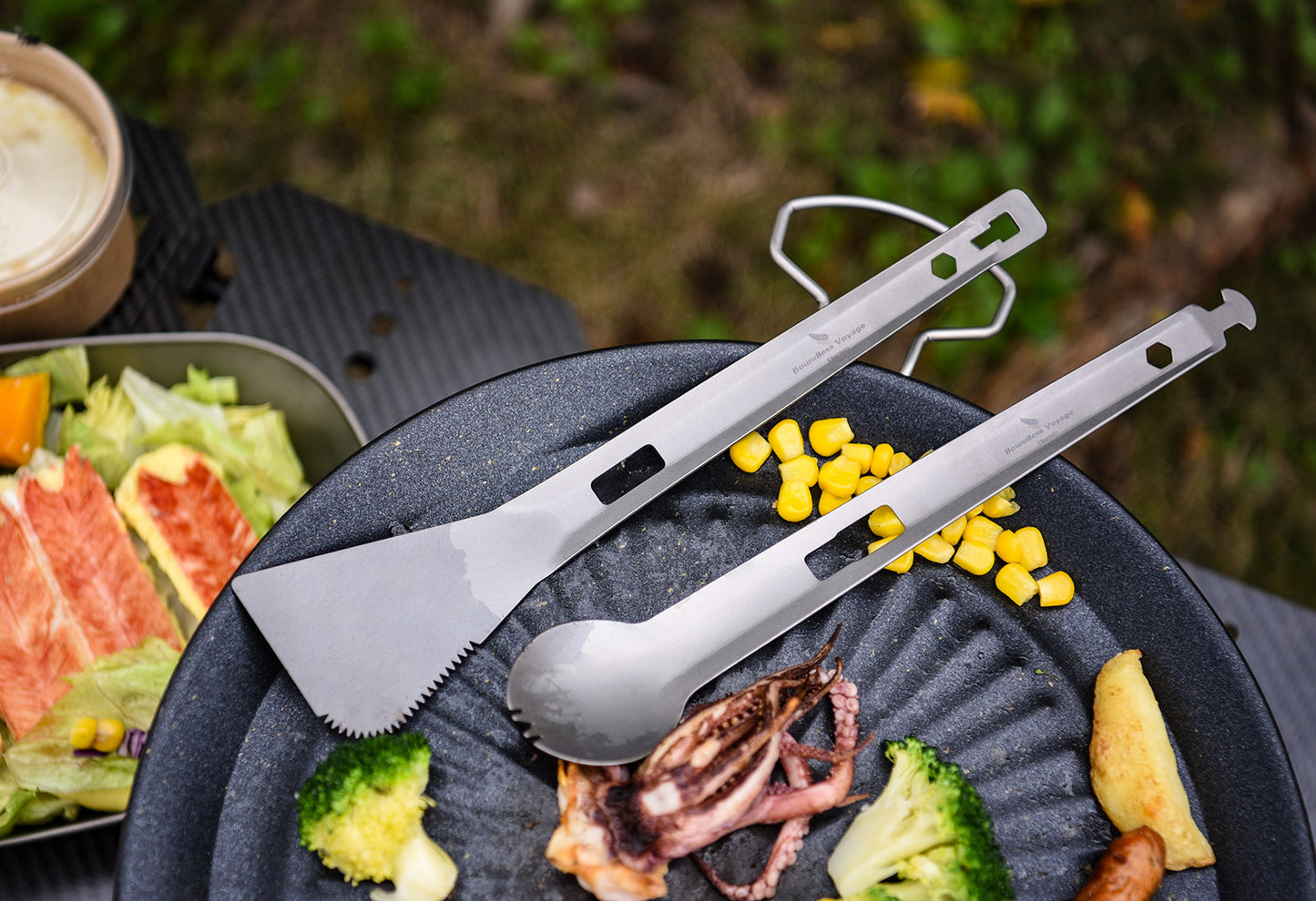 Boundless Voyage Titanium Alloy 4-in-1 Multi Utensil, Integrated Tong Spork Shovel Spatula, Lightweight Portable Cookware for Camping Backpacking Travel Outdoor Cooking Ti1080T