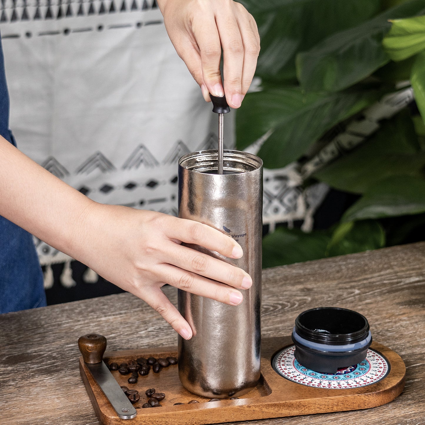 Boundless Voyage 450ml Double-Walled Insulated Titanium French Press Coffee Tumbler with Lid, Portable Filter Coffee Mug for Travel Daily Use Ti3255D