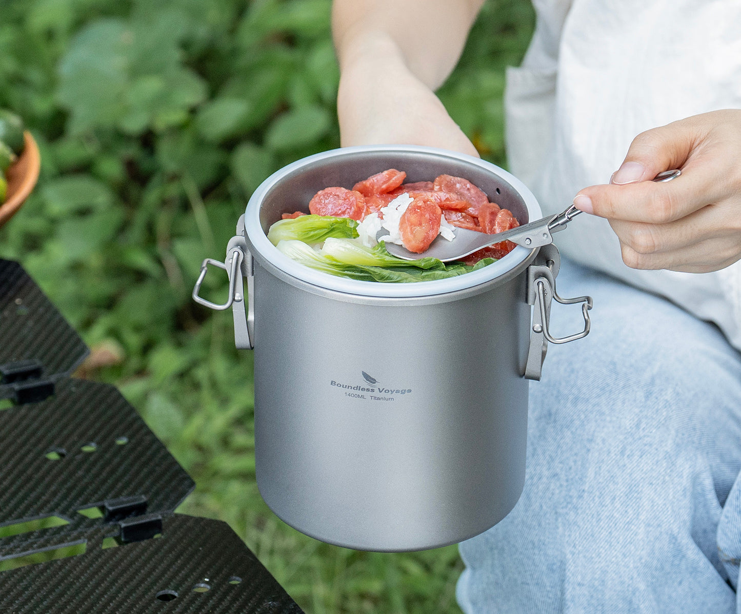 Boundless Voyage Sandblasted Matte Finish Ultralight Titanium Camping Rice Cooker Pot, 1.4L Outer Pot with 0.9L Inner Container, Portable Cookware for Hiking, Travel & Outdoor Camping Ti2093C