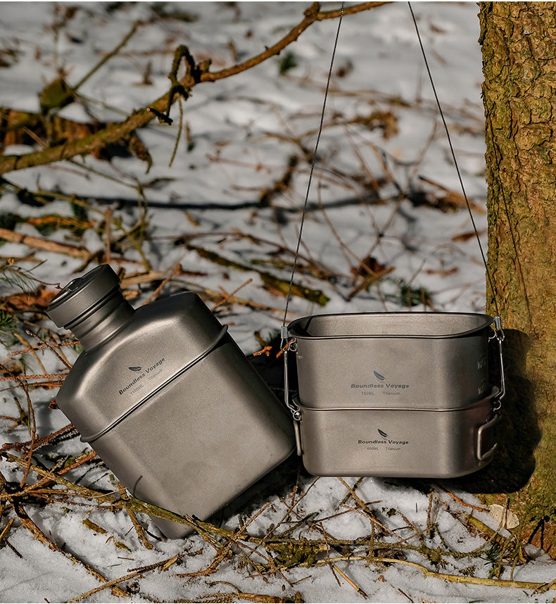 Boundless Voyage Titanium Military Canteen Cups Set Outdoor Camping Water Bottle Bowl Kettle Cooking Set Mess Kit Ti2047C-Ti2049C