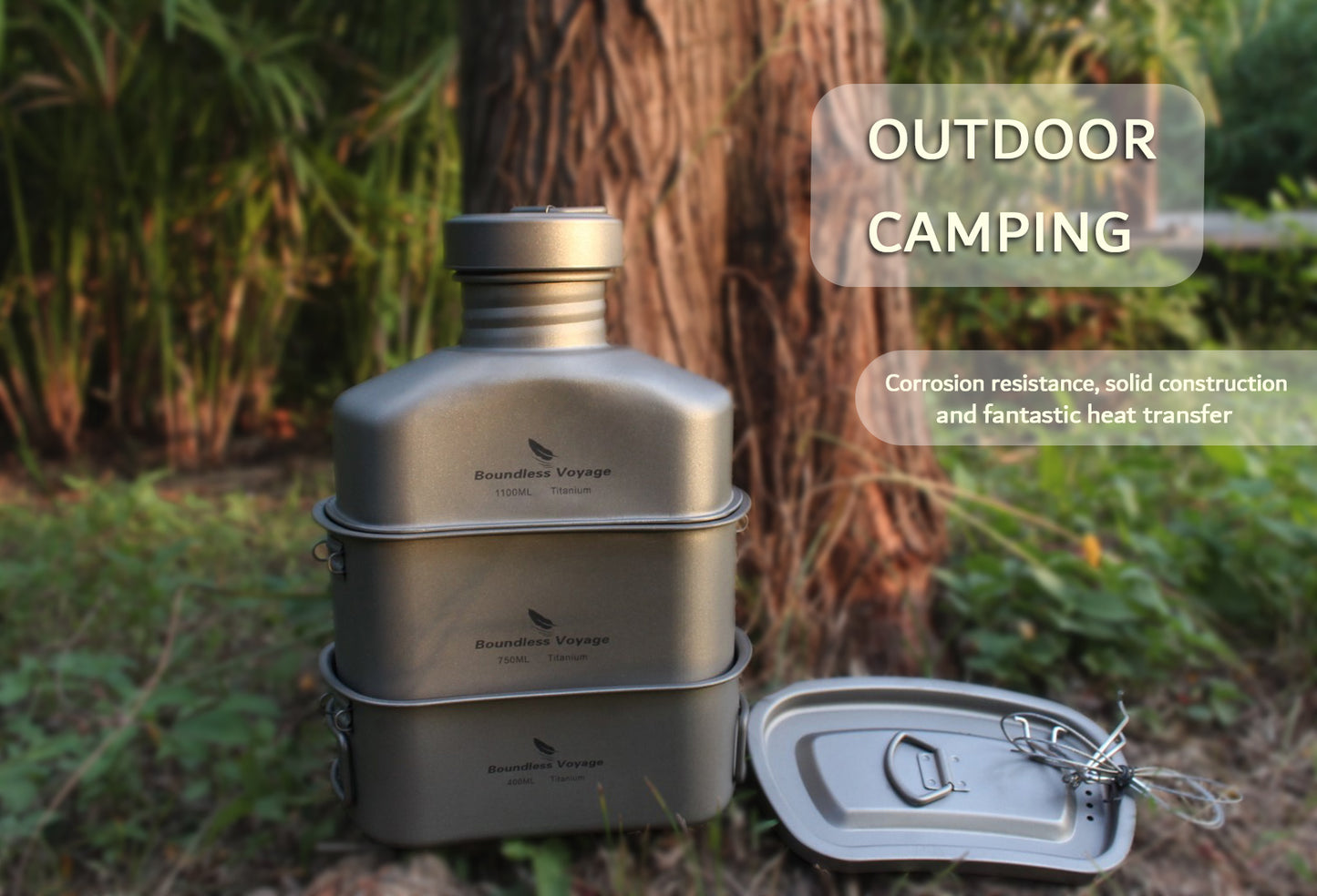 Boundless Voyage Titanium Military Canteen Cups Set Outdoor Camping Water Bottle Bowl Kettle Cooking Set Mess Kit Ti2047C-Ti2049C