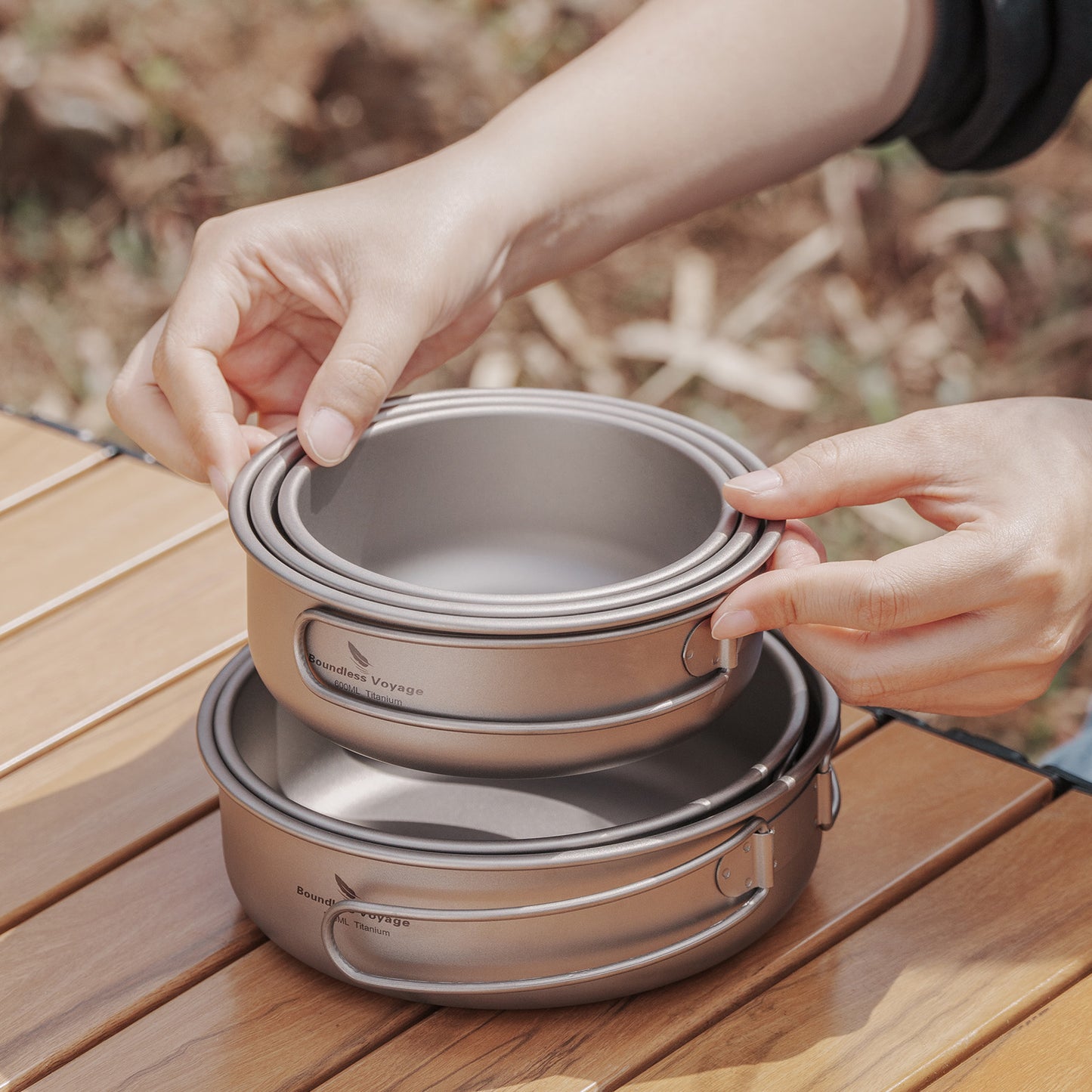 Boundless Voyage 5Pcs Pure Titanium Bowl Set with Foldable Handles, Portable Outdoor Camping Tableware Plates Dishes, 350/500/600/700/800ml Ti1096T