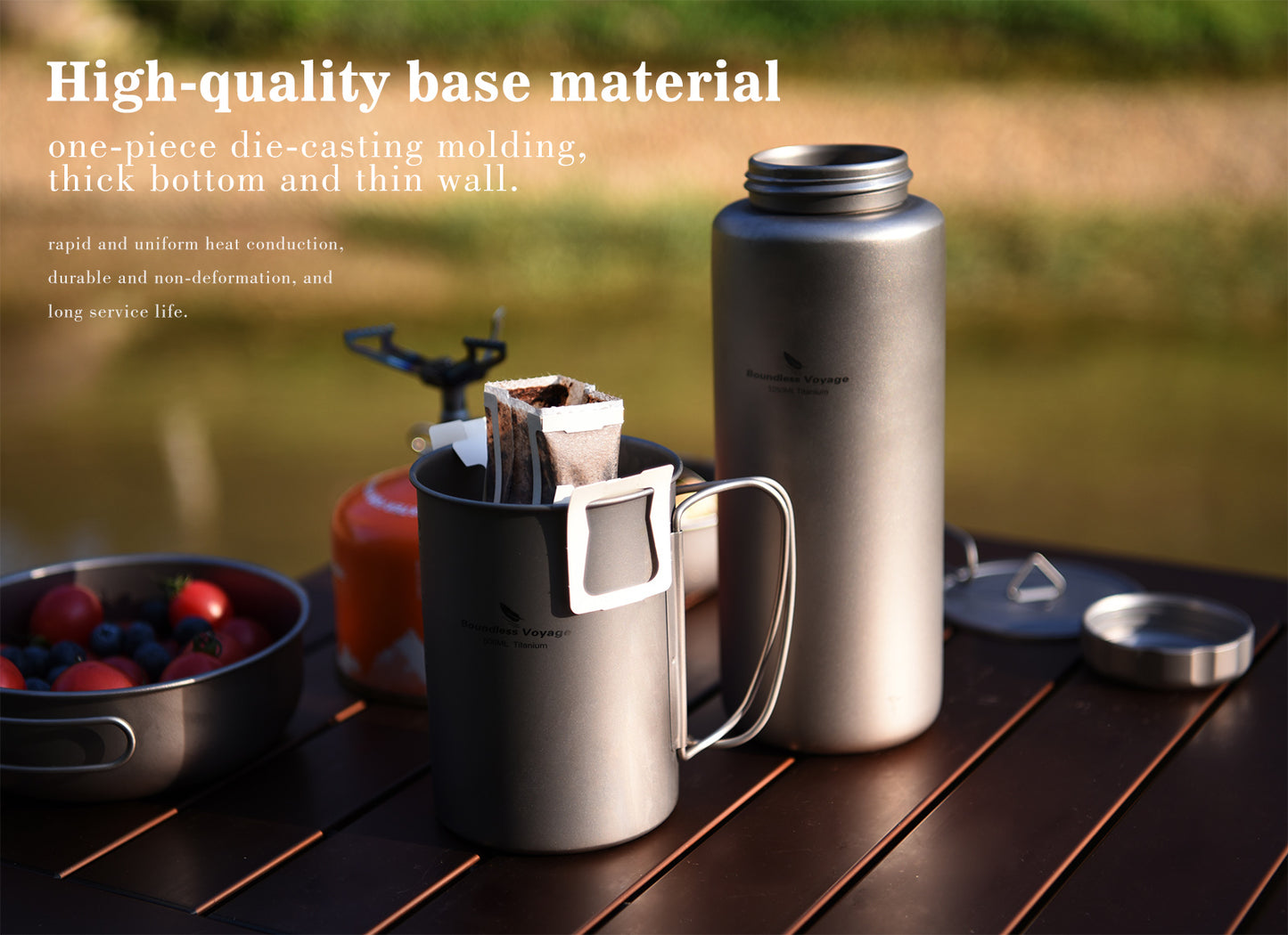 Boundless Voyage 1050ml Titanium Water Bottle with 600ml Flat Lid Nesting Cup, Portable Pure Titanium Survival Canteen Mug Kit, Lightweight Travel Tableware for Hiking Bushcraft Picnic Ti3007D