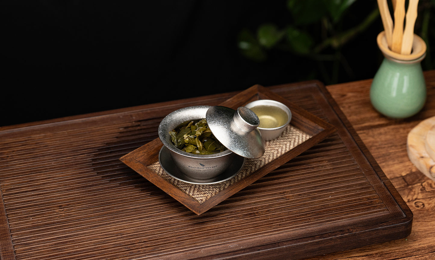Boundless Voyage 130ml High-Temp Crystalline Finish Double Wall Titanium Gaiwan, Ultralight Three-Talent Kung Fu Tea Bowl, Anti-Scald Tea Set for Home Tea Ceremony & Camping Ti3144D
