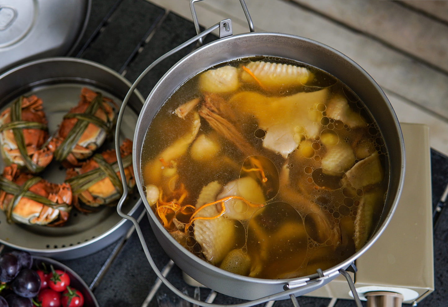 Boundless Voyage Titanium Food Steamer Pan & Stock Soup Pot, Portable Hanging Hot Pot Kitchenware for Outdoor Camping Picnic Travel Household Cooking Ti2112C- Ti2114C