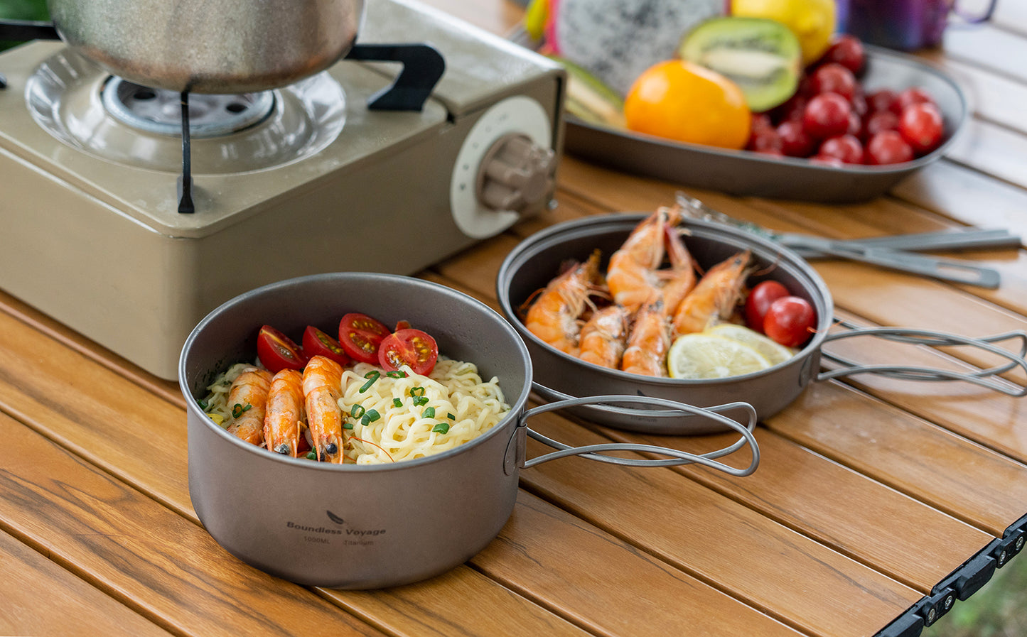 Boundless Voyage Titanium Pot & Pan Set with Collapsible Folding Handle, Portable Lightweight Cookware for Camping Hiking Backpacking Outdoor Cooking Ti2042C