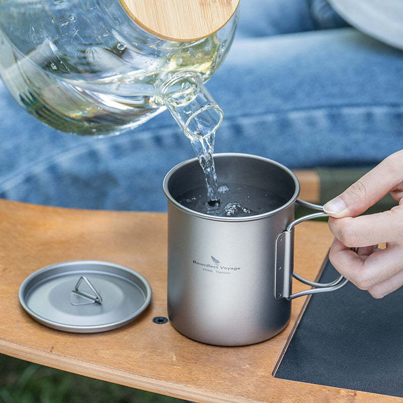 Boundless Voyage Titanium Camping Cup with Lid 300ml 450ml 750ml Stackable Lightweight Mug Pot for Backpacking, Hiking, Travel Durable Portable Cookware for Ultralight Outdoor Enthusiasts 3247-3250D