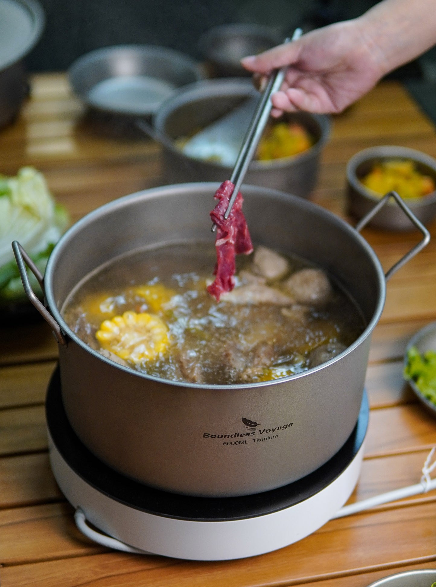 Boundless Voyage 5L Titanium Stock Pot with Lid & Folding Handle, Large Capacity Portable Soup Pot for Outdoor Camping Hiking Picnic & Home Kitchen Ti2104C