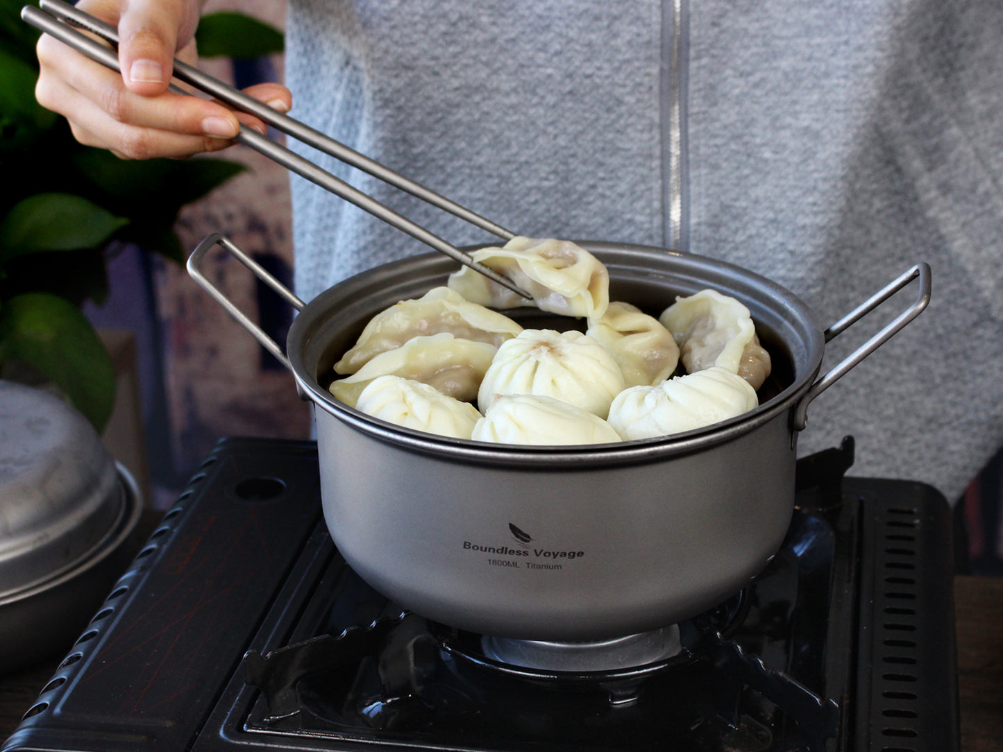 Boundless Voyage 1800ml Titanium Stockpot Steamer Set with Lid, Ultralight Outdoor Soup Pan Mess Kit for Camping, Stovetop & Campfire Use Ti2058C