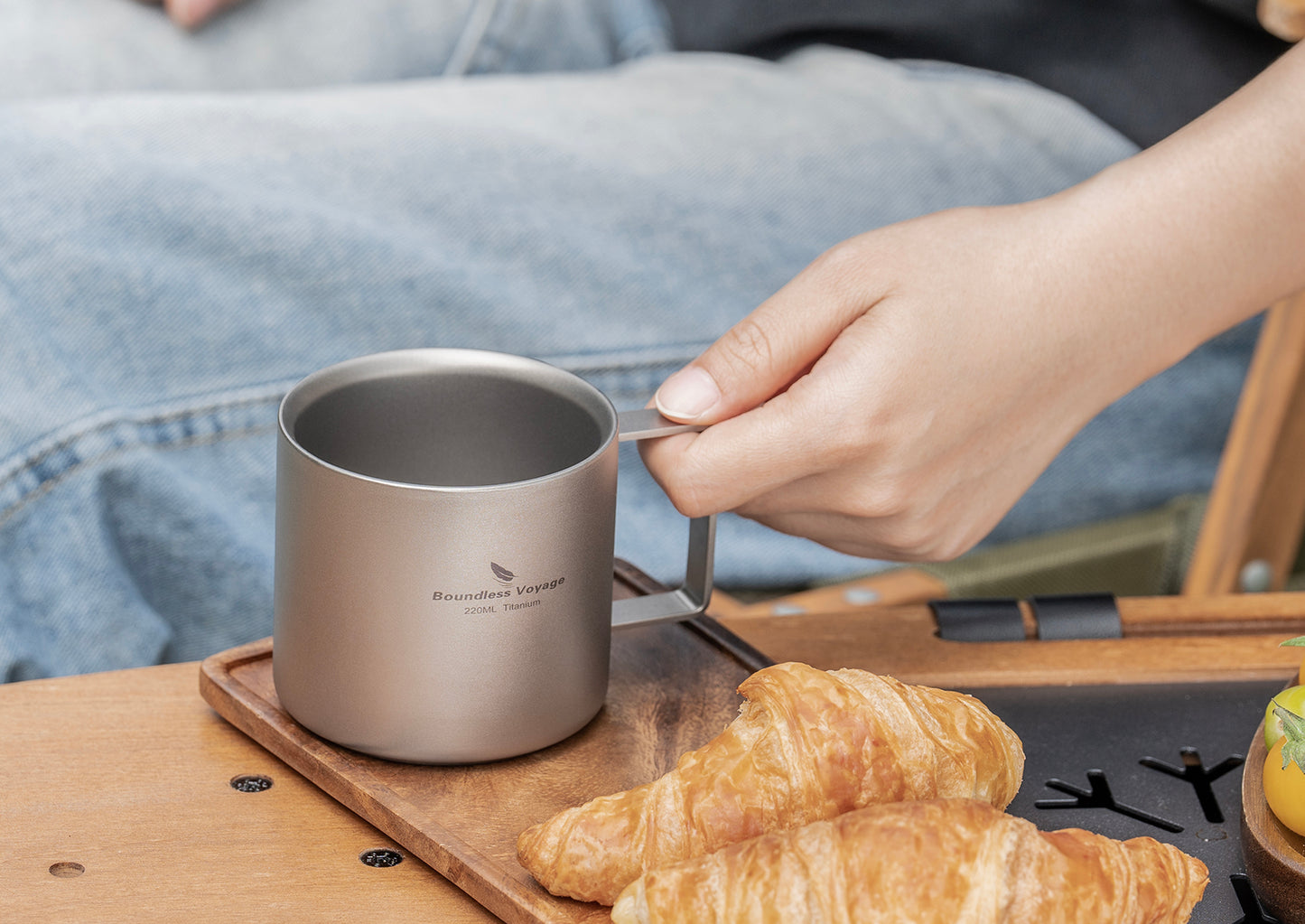 Boundless Voyage 220ml Double Wall Titanium Coffee Cup, Lightweight Portable Insulated Mug, Outdoor Camping Travel Tableware Ti3052D