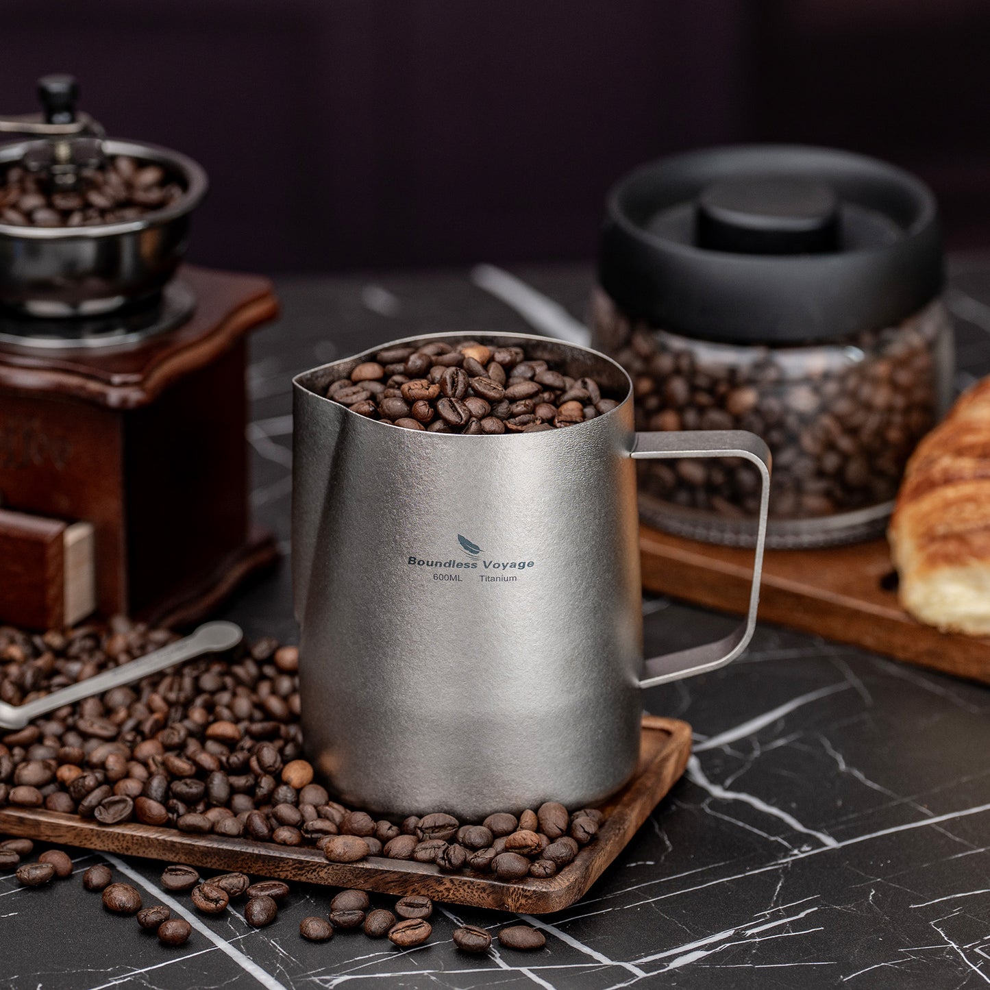 Boundless Voyage 600ml Pure Titanium Milk Frothing Pitcher, Espresso Steam Jug with Round Spout, Barista Latte Art Coffee Cup Ti3239D