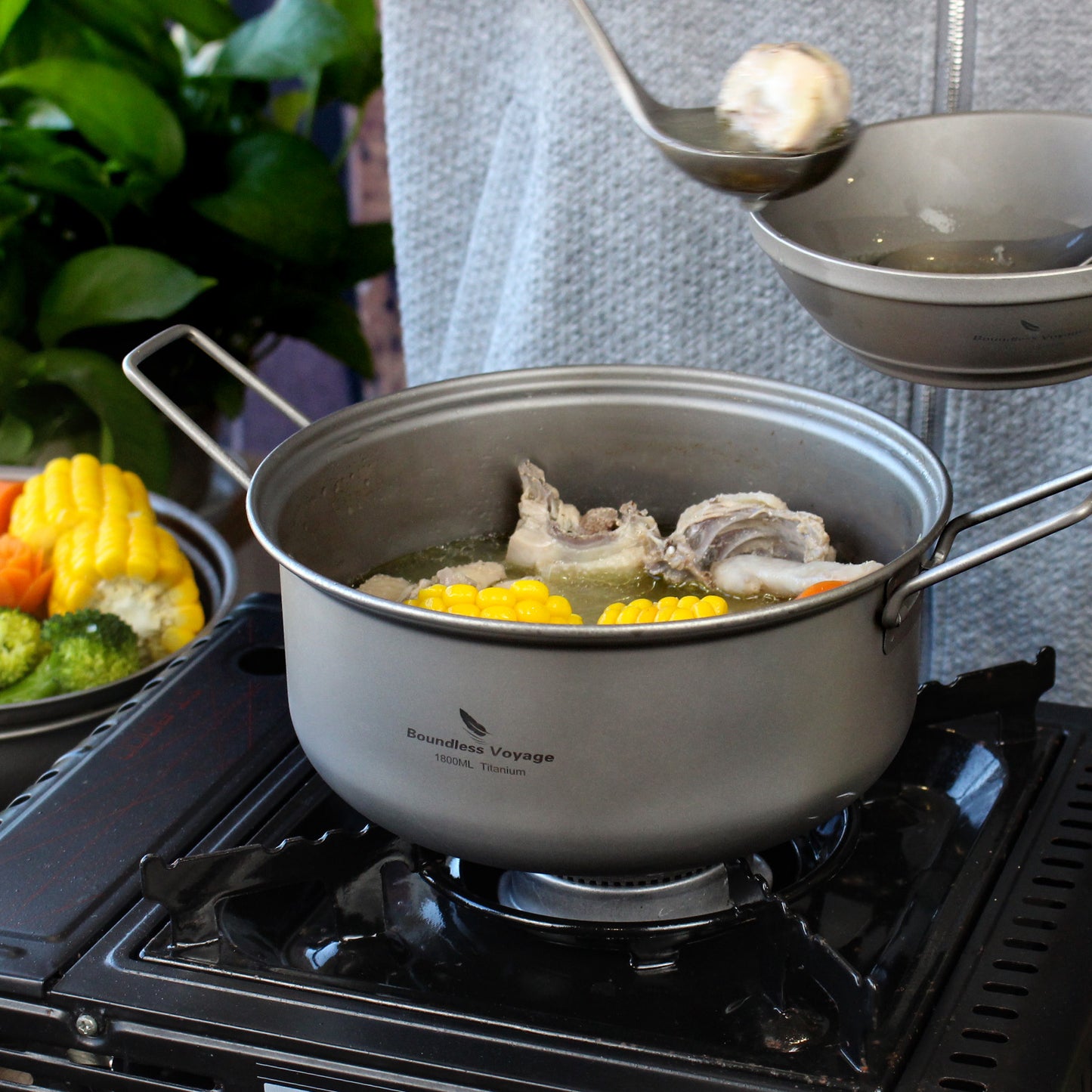 Boundless Voyage 1800ml Titanium Stockpot Steamer Set with Lid, Ultralight Outdoor Soup Pan Mess Kit for Camping, Stovetop & Campfire Use Ti2058C