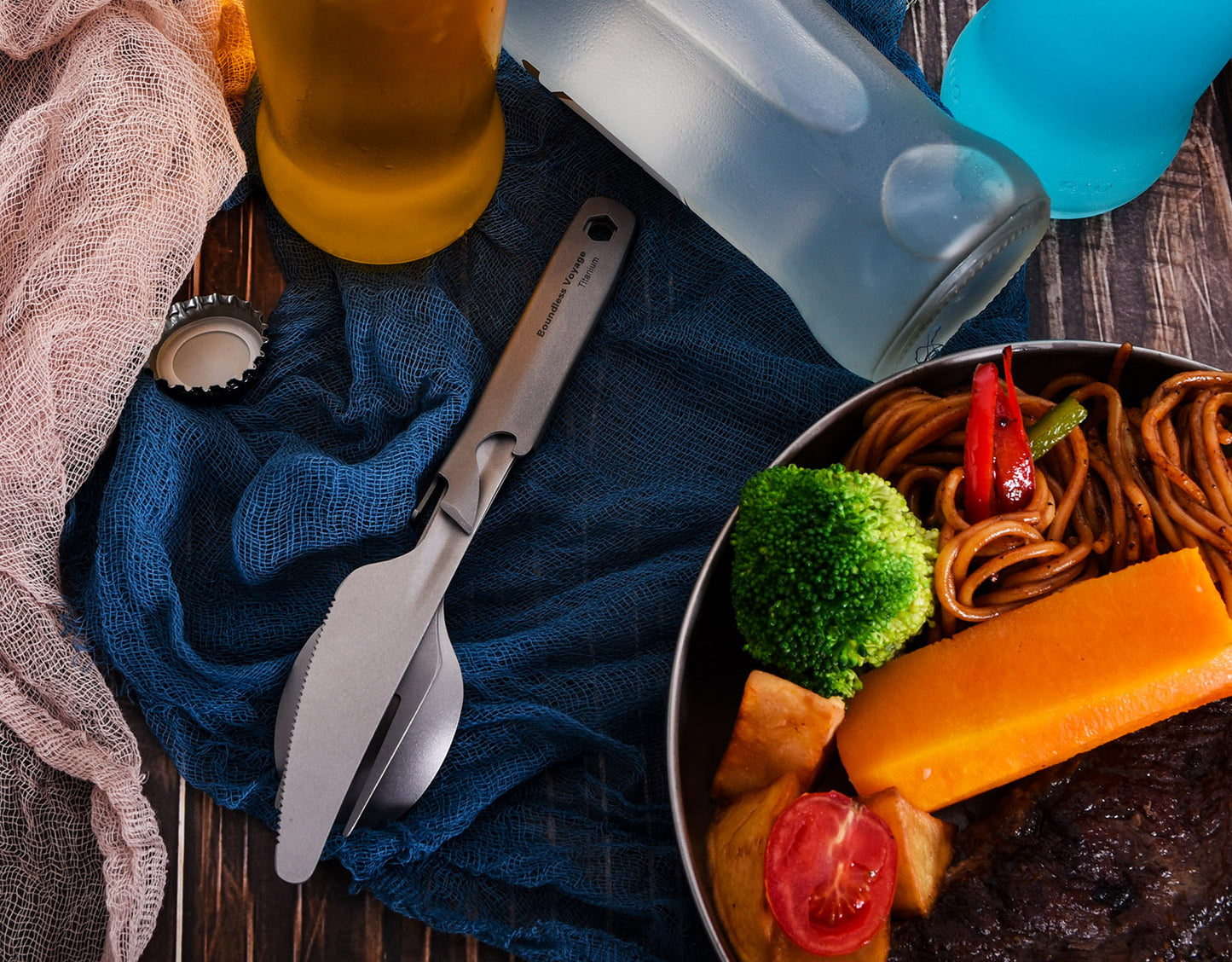 Boundless Voyage Utility Titanium Cutlery Set, Spoon Fork Knife with Built-In Bottle Opener, Portable Travel Camping Tableware with Easy Storage Cloth Case Ti1066T