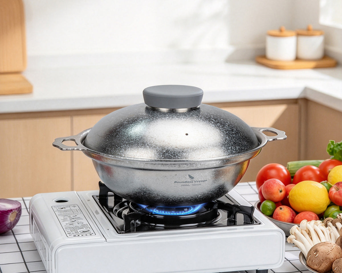 Boundless Voyage 2.5L titanium pot ready for cooking on tabletop stove