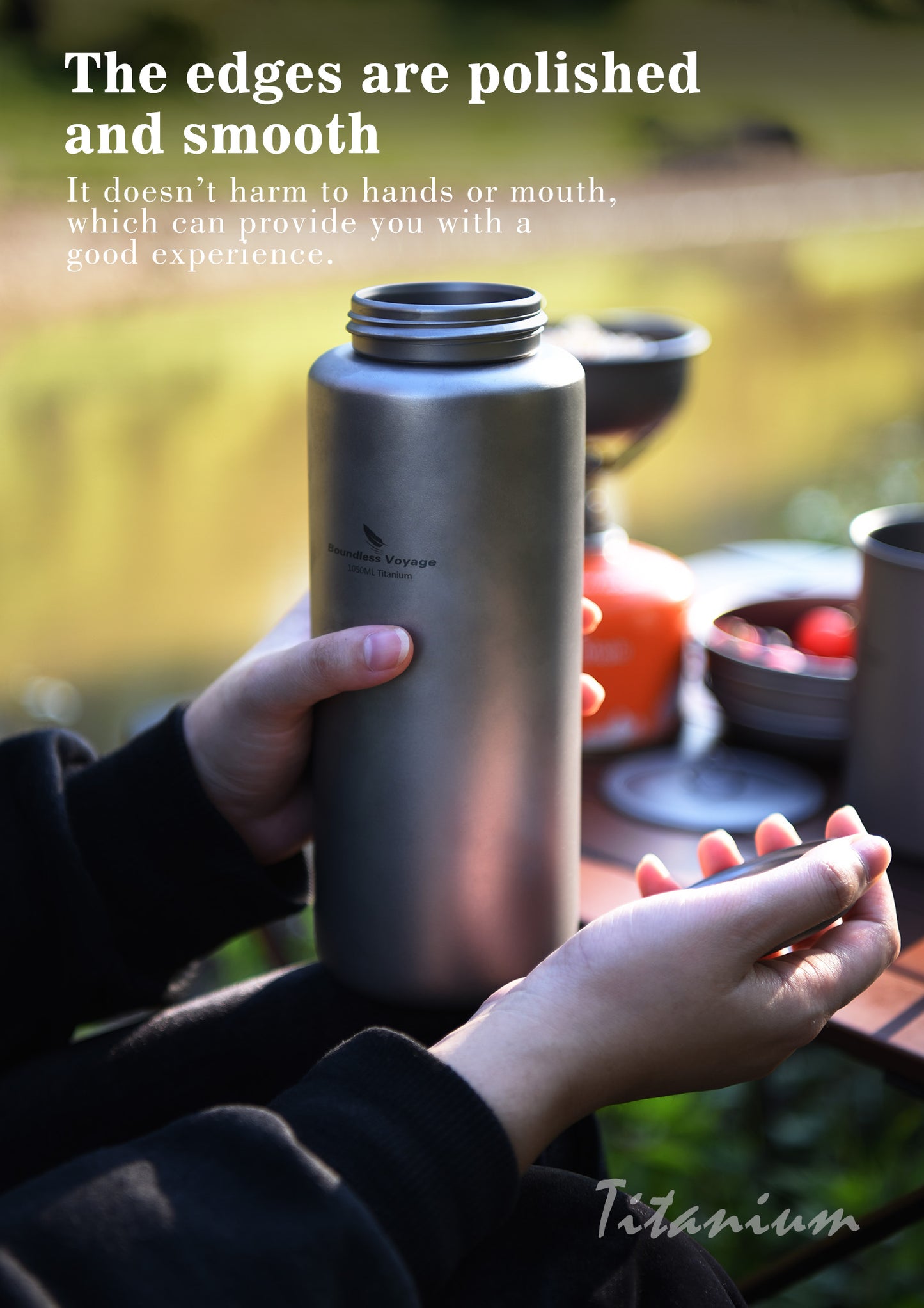Boundless Voyage 1050ml Titanium Water Bottle with 600ml Flat Lid Nesting Cup, Portable Pure Titanium Survival Canteen Mug Kit, Lightweight Travel Tableware for Hiking Bushcraft Picnic Ti3007D