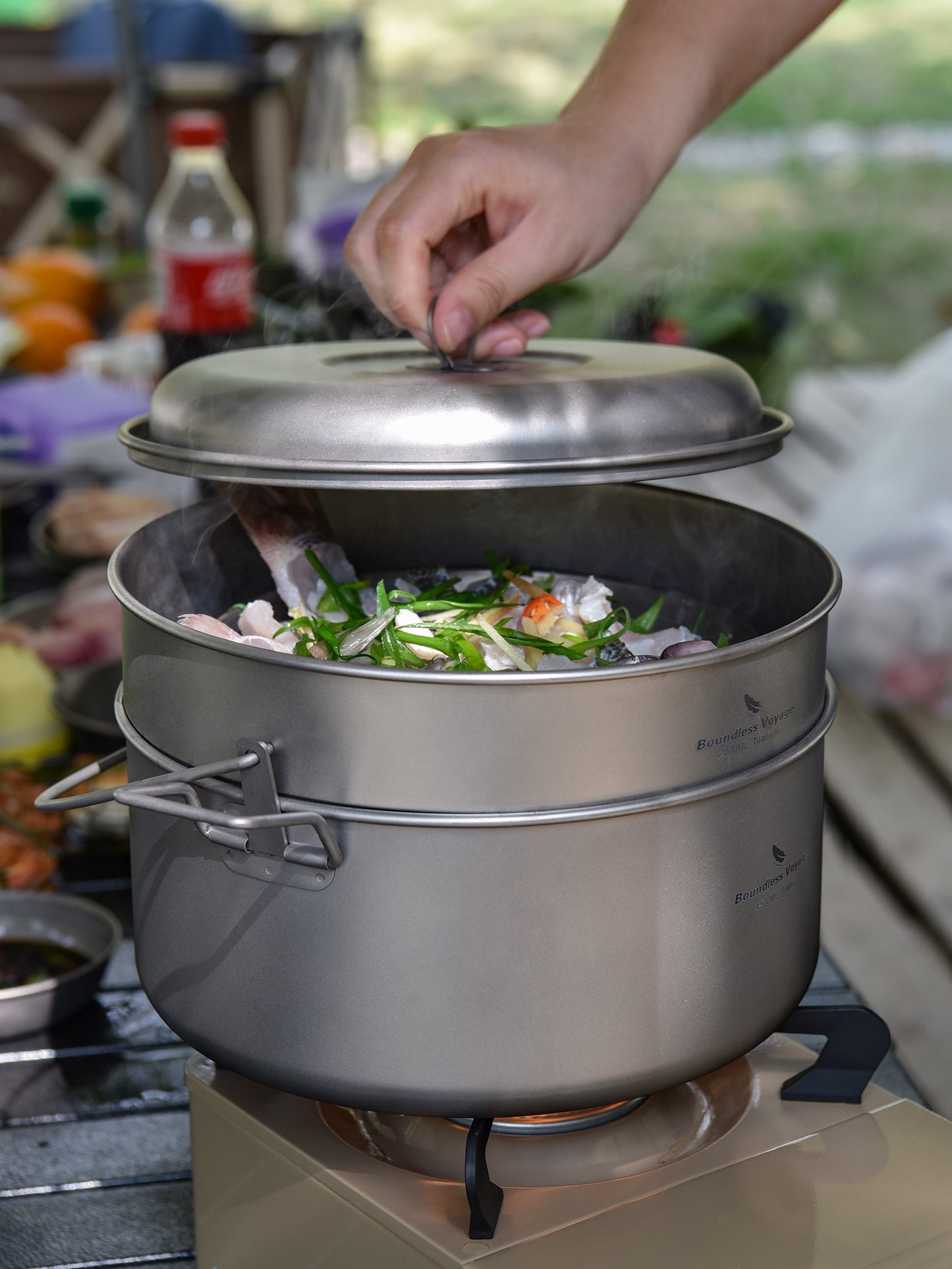 Boundless Voyage Titanium Food Steamer Pan & Stock Soup Pot, Portable Hanging Hot Pot Kitchenware for Outdoor Camping Picnic Travel Household Cooking Ti2112C- Ti2114C
