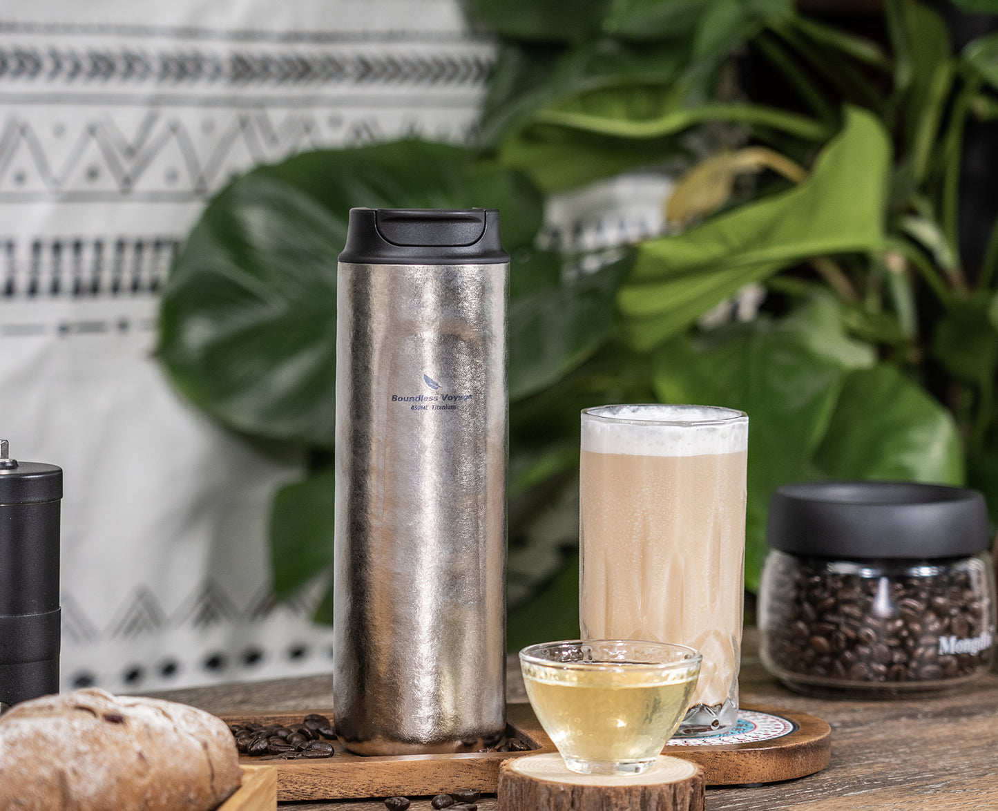 Boundless Voyage 450ml Double-Walled Insulated Titanium French Press Coffee Tumbler with Lid, Portable Filter Coffee Mug for Travel Daily Use Ti3255D