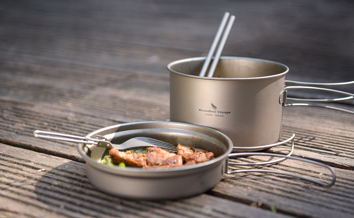 Boundless Voyage Outdoor Titanium Pot with Pan Set, Collapsible Folding Handle Portable Cookware for Camping Hiking Backpacking Cooking Ti2110C