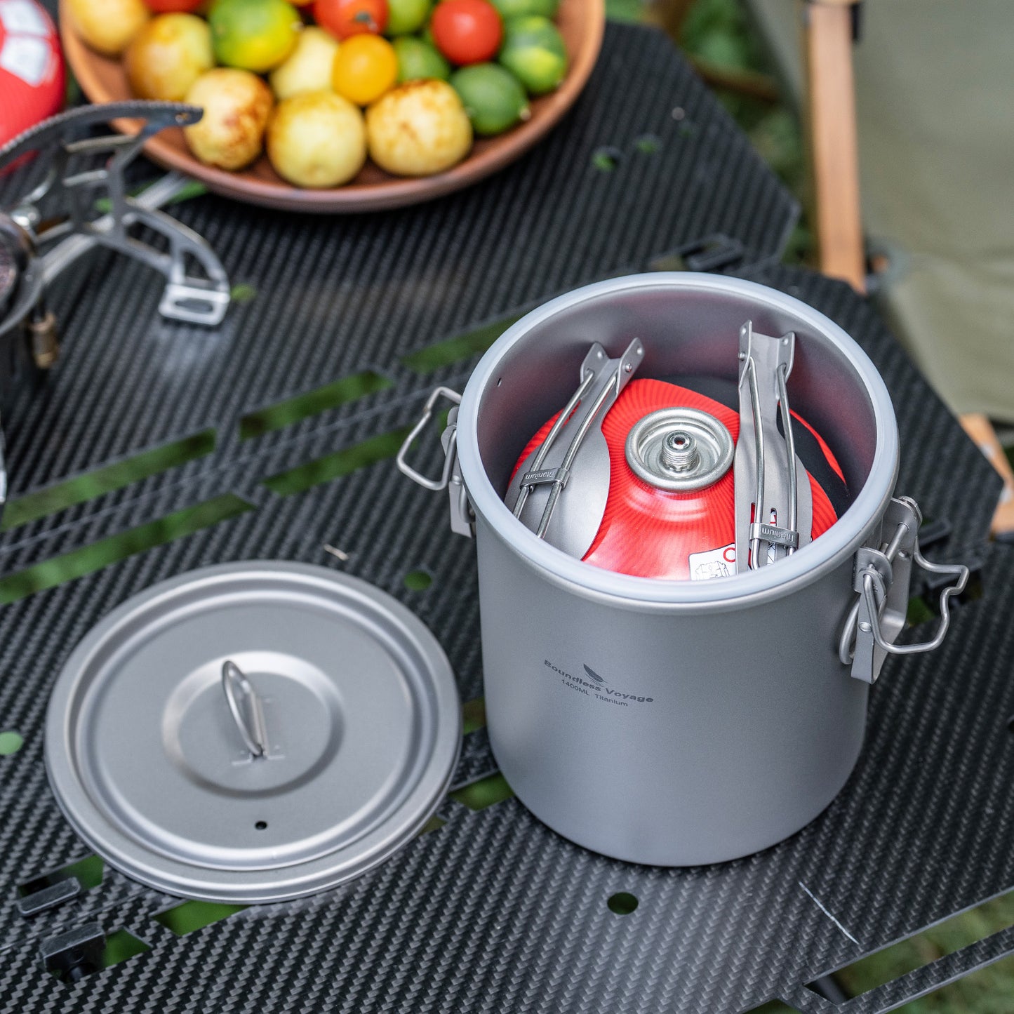 Boundless Voyage Sandblasted Matte Finish Ultralight Titanium Camping Rice Cooker Pot, 1.4L Outer Pot with 0.9L Inner Container, Portable Cookware for Hiking, Travel & Outdoor Camping Ti2093C
