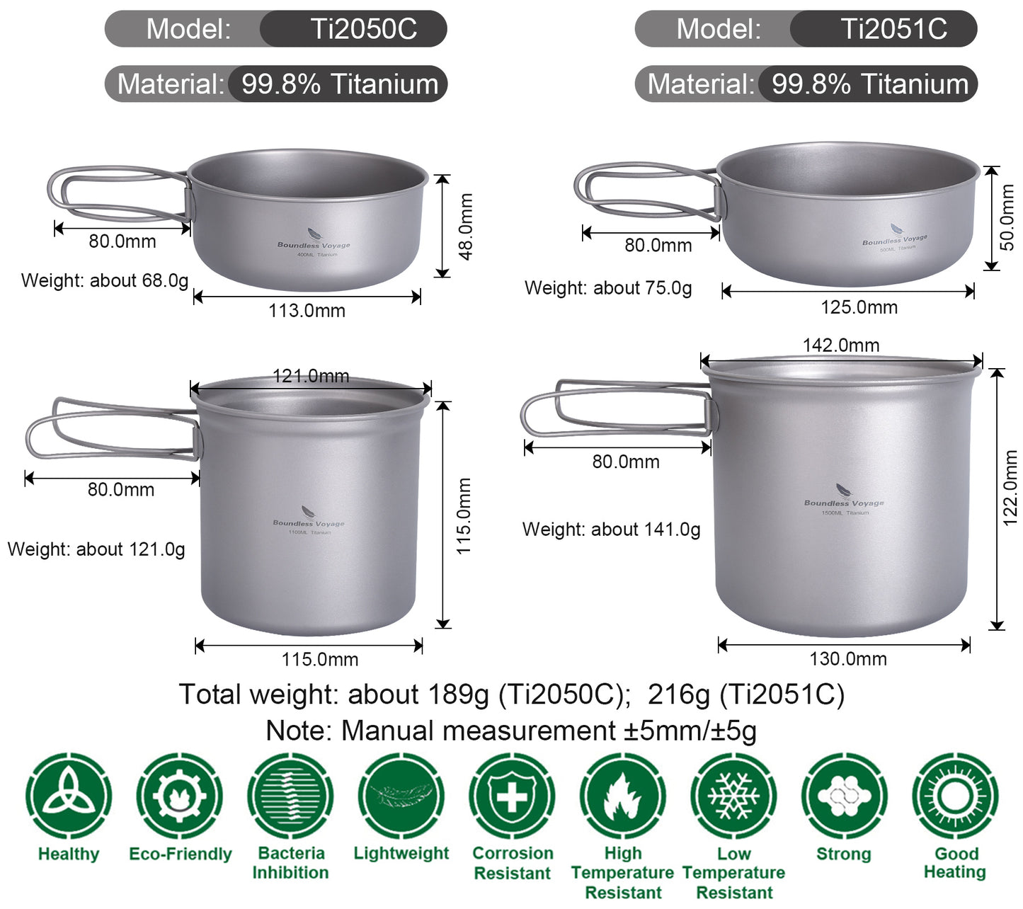 Boundless Voyage Ultralight Pure Titanium Cooking Set Folding Handle | Portable Outdoor Cooking Gear for Backpacking Hiking Picnic Travel Ti2050C-Ti2052C