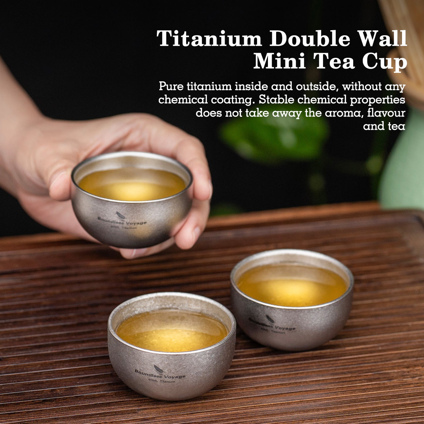Boundless Voyage 40ml High-Temp Crystalline Finish Double-Wall Titanium Sake Cup & Kung Fu Tea Cup, Portable Mini Mug for Camping, Picnic & Daily Home Use Ti3204D