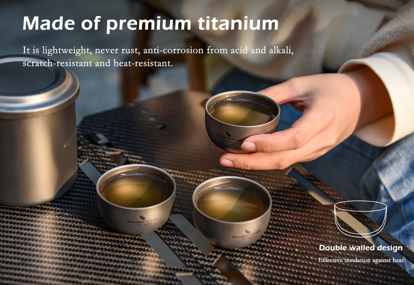 Boundless Voyage 40ml Sandblasted Matte Finish Double-Wall Titanium Sake Cup & Kung Fu Tea Cup, Portable Mini Mug for Camping, Picnic & Daily Home Use Ti3204D