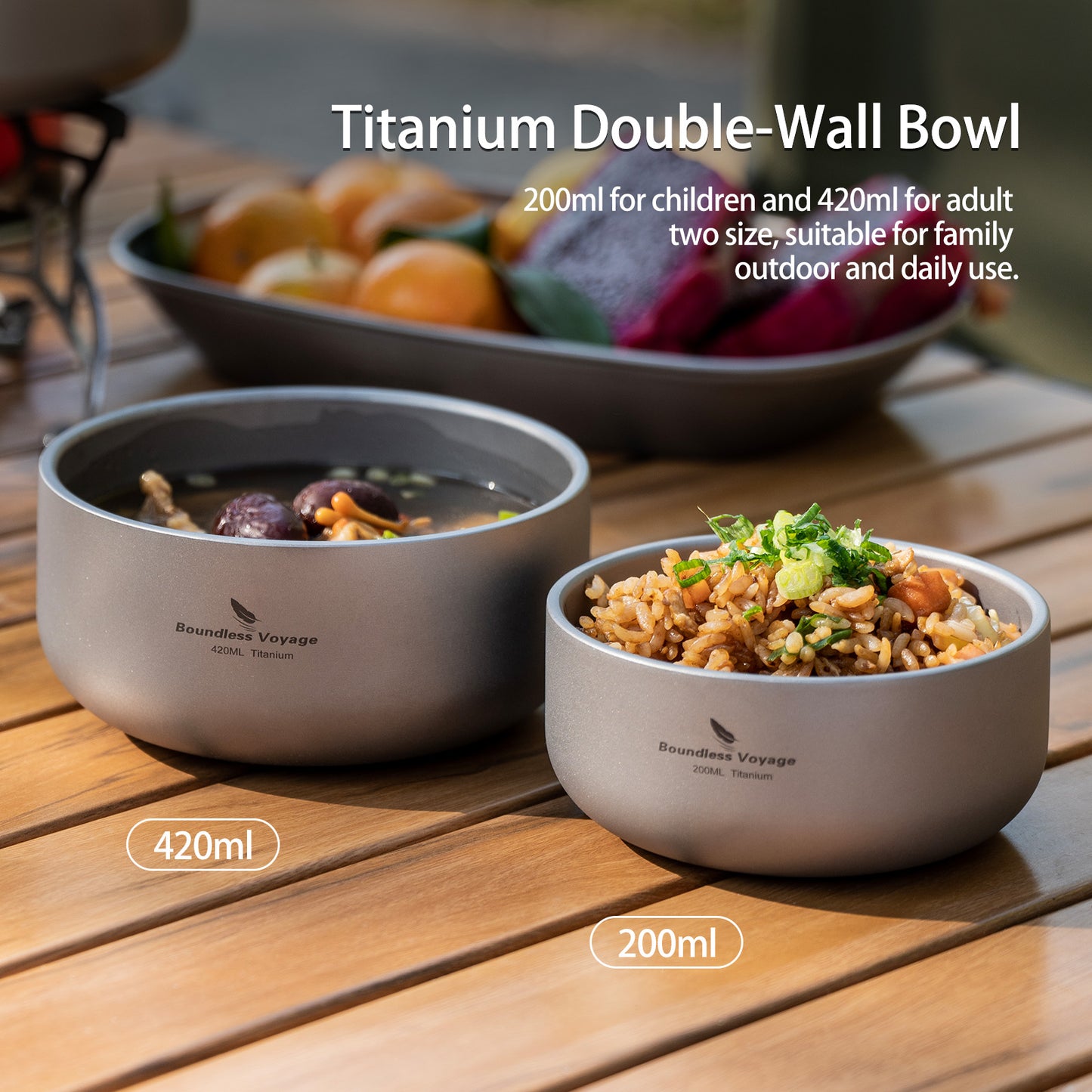 Boundless Voyage Sandblasted Double Walled Pure Titanium Bowl 200ml / 420ml | Ultralight Portable Metal Tableware for Oatmeal, Rice, Soup, Outdoor Camping & Daily Home Use Ti1083T/Ti1084T