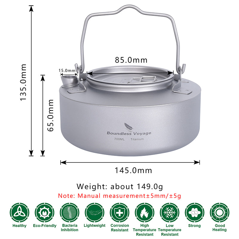 Boundless Voyage Titanium 700ml Kettle with Folding Handle Outdoor Camping Ultralight Portable Teakettle Teapot Ti3100D