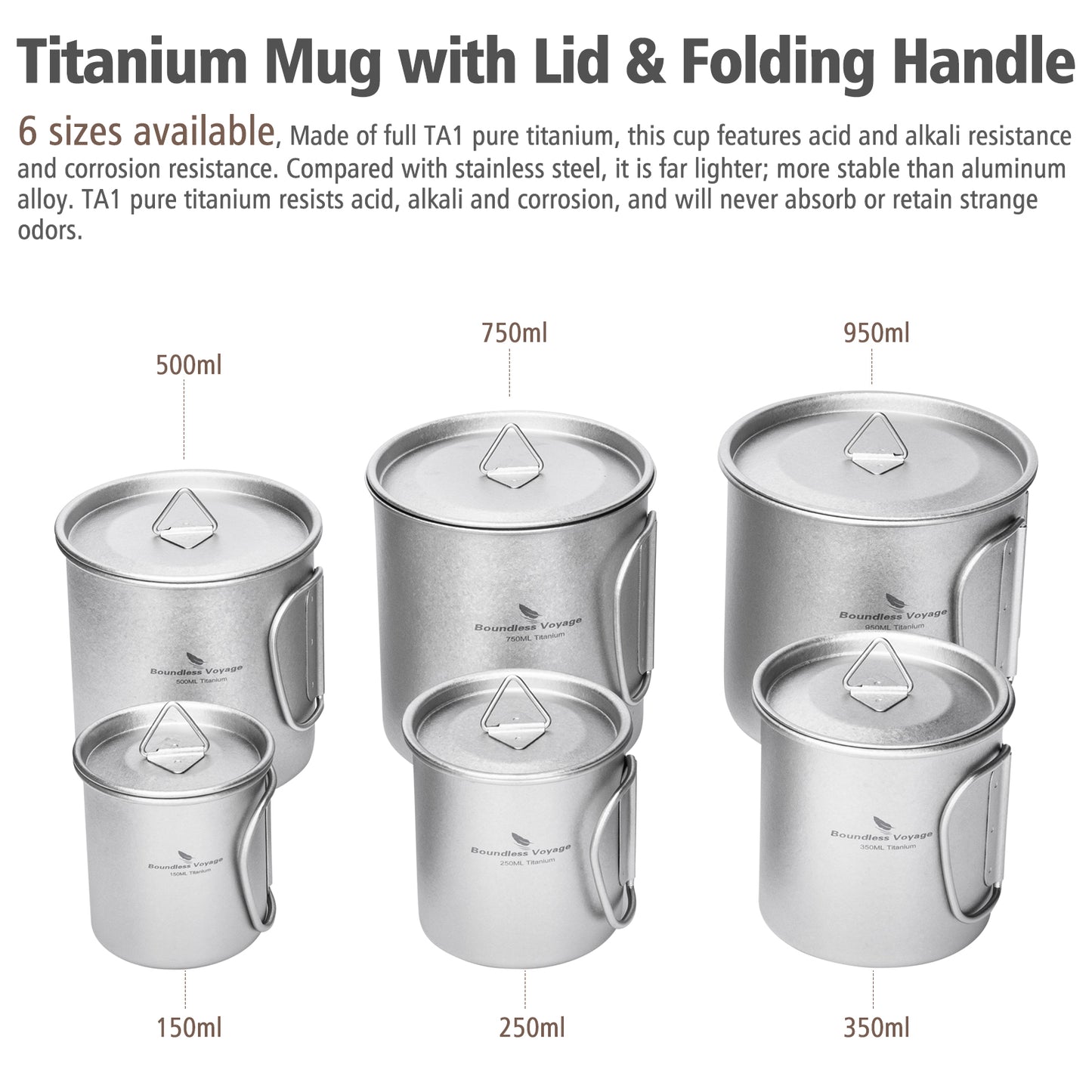 Boundless Voyage Titanium Mug with Lid Crystalline Finish 150ml to 950ml Ultralight for Camping Hiking Ti3038D Ti3043D