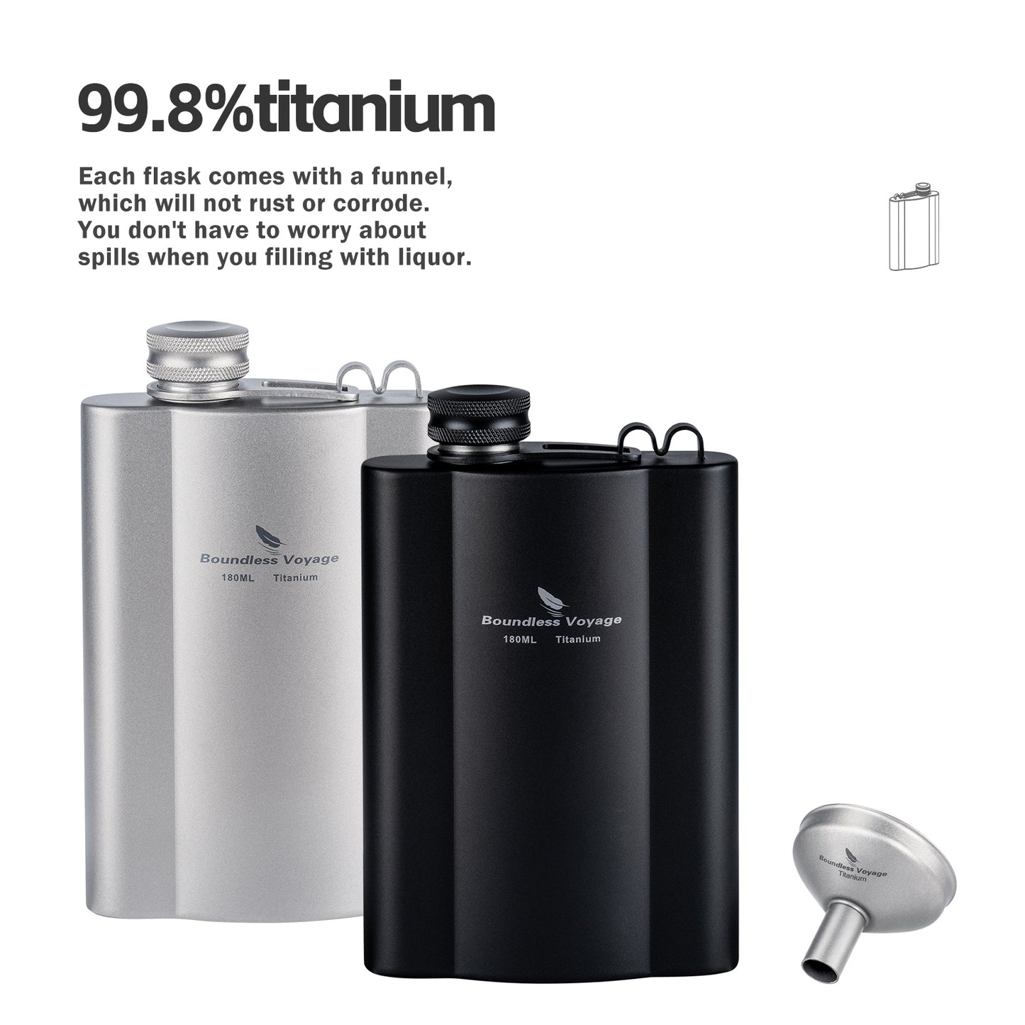 Boundless Voyage Titanium Hip Flask 180ml / 240ml Rust-Free Ultralight Small Liquor Flask Bottle for Whiskey Vodka Wine Outdoor Portable Travel Outdoor Ti3071D / Ti3072D/ Ti3073D