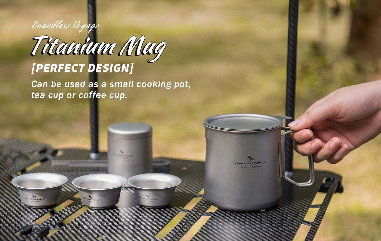 Boundless Voyage 500ml Ultralight Titanium Pot with Lid, Built-in Filter Strainer & Foldable Handles, Camping Mug for Coffee Tea Brewing Hiking Backpacking Ti3125D