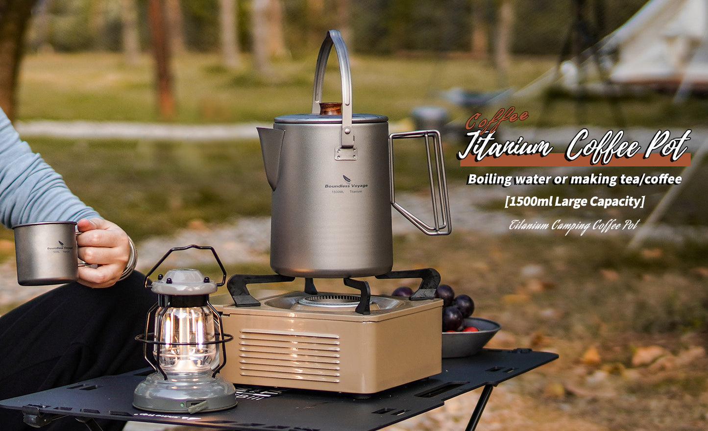 Boundless Voyage 1.5L Titanium Camping Coffee Pot, Stovetop & Campfire Safe Fast Brew Kettle for Boiling Water, Outdoor Travel & Barista Brewing Ti3128D/Ti3129D