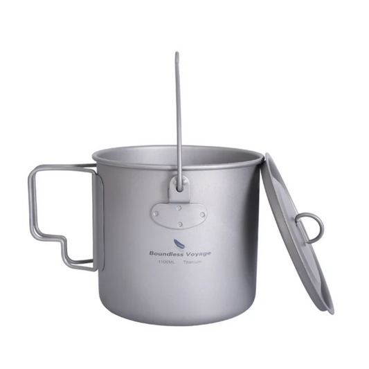 Boundless Voyage 1100ml Titanium Pot with Lid, Foldable Bail Handle Camping Cook Pot for Hiking Backpacking Ti3041D