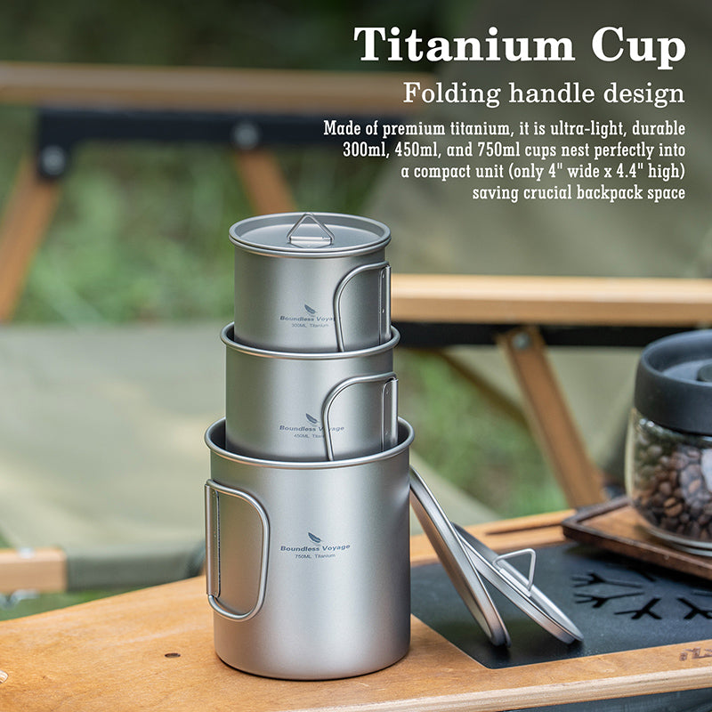 Boundless Voyage Titanium Camping Cup with Lid 300ml 450ml 750ml Stackable Lightweight Mug Pot for Backpacking, Hiking, Travel Durable Portable Cookware for Ultralight Outdoor Enthusiasts 3247-3250D
