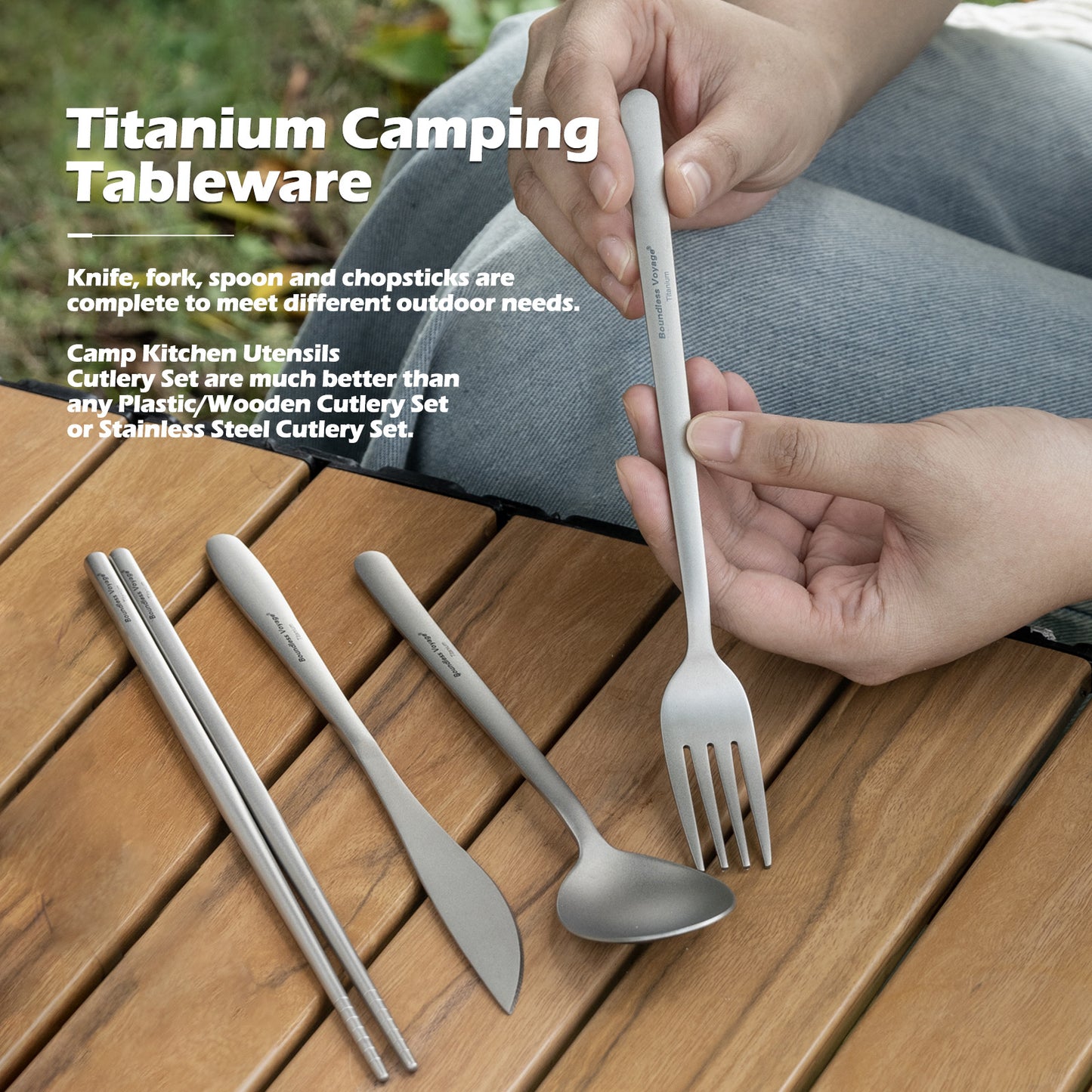 Boundless Voyage Pure Titanium Cutlery Set | Chopsticks Knife Fork Spoon, Ultralight Portable Tableware for Camping Travel Daily Home Use Ti1056T
