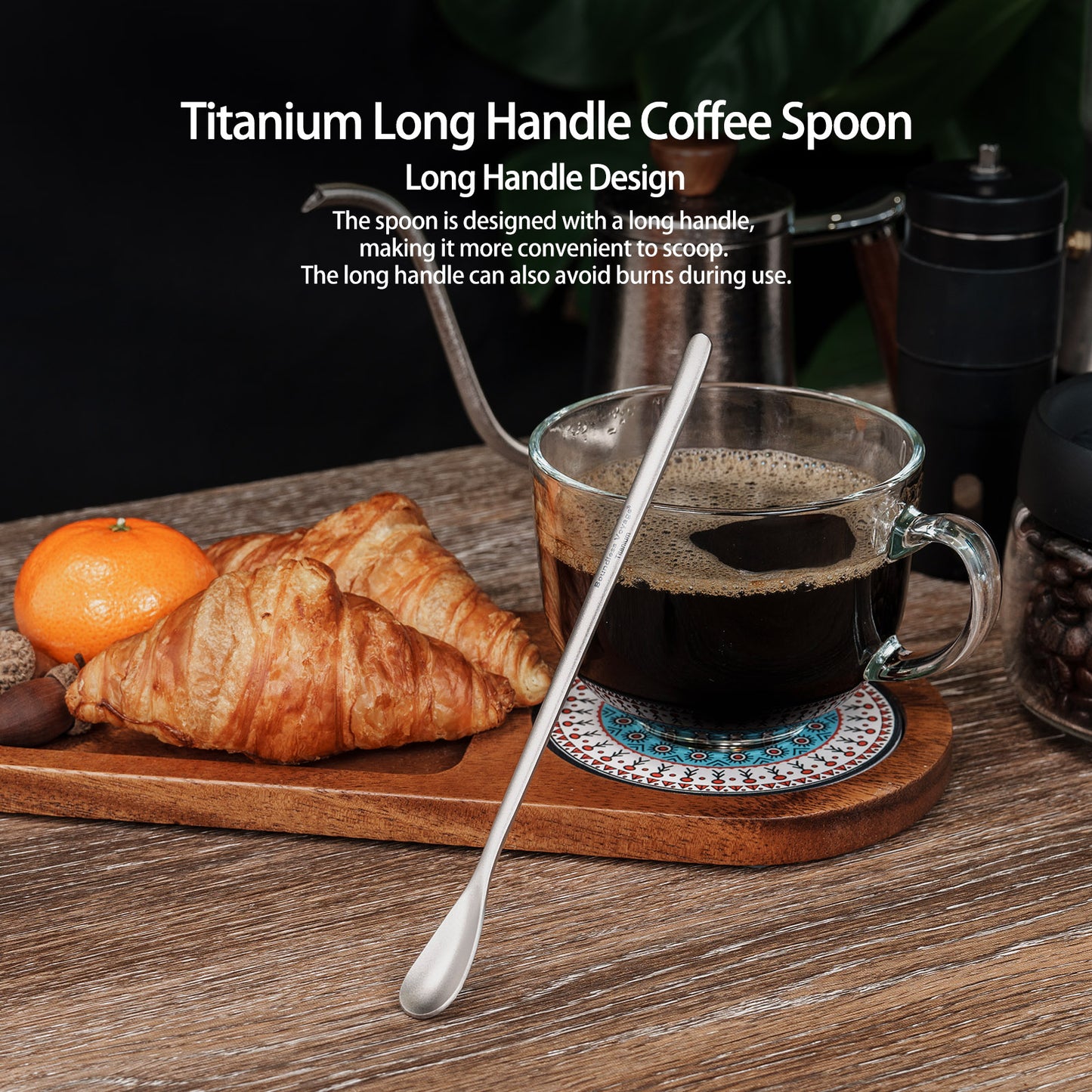 Boundless Voyage Titanium Coffee Spoon Long Handle Tea Spoon Ultralight Small Ladle Durable Cutlery Stir Spoon Bar Spoon Cocktail Mixing Stirrers for Drink Ti1034T-Ti1035T