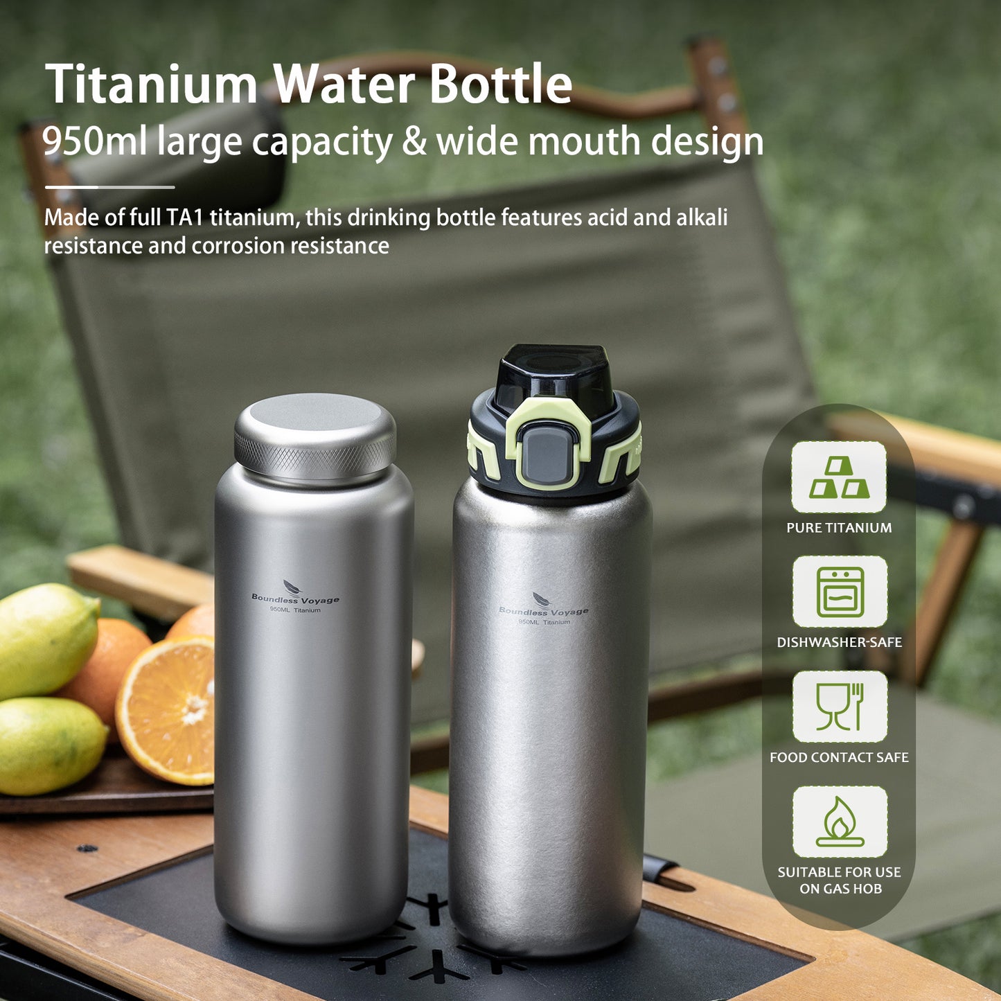 Boundless Voyage 950ml Titanium Water Bottle with Dual Lids, Wide Mouth Single-Wall Canteen for Hiking Camping Sport Ti3018D