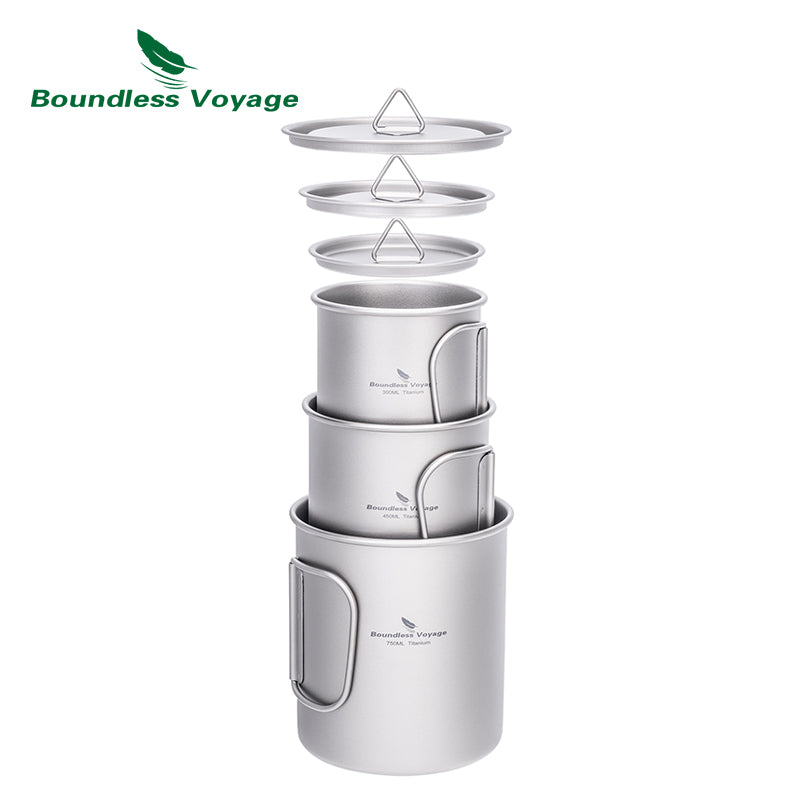 Boundless Voyage Titanium Camping Cup with Lid 300ml 450ml 750ml Stackable Lightweight Mug Pot for Backpacking, Hiking, Travel Durable Portable Cookware for Ultralight Outdoor Enthusiasts Ti3247D-Ti3250D