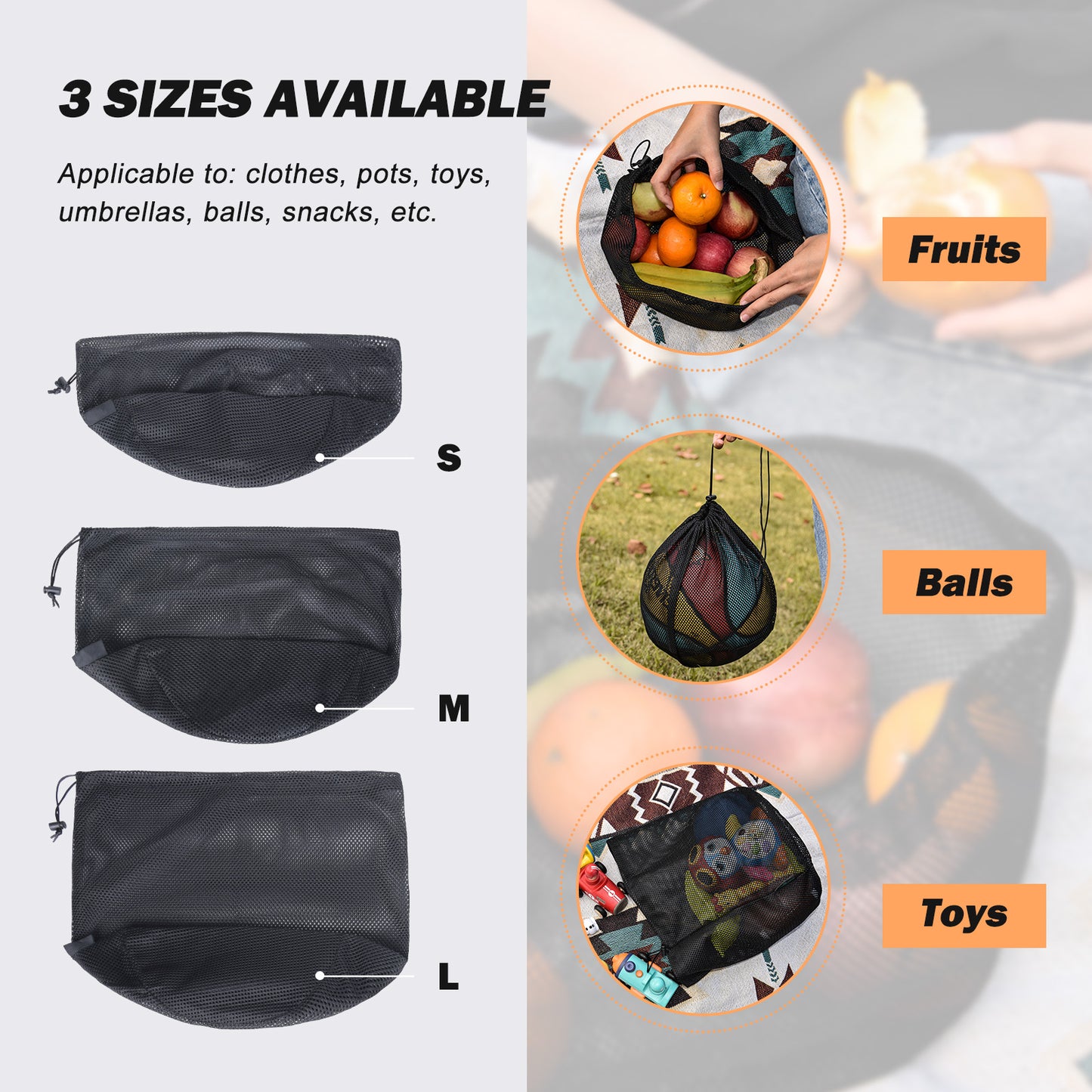 Boundless Voyage 5Pcs Nylon Mesh Storage Stuff Sacks, Drawstring Mesh Organizer Bags for Camping Gear, Clothes, Pot, Balls & Outdoor Supplies, 3 Sizes Optional BVP06/BVP07/BVP08
