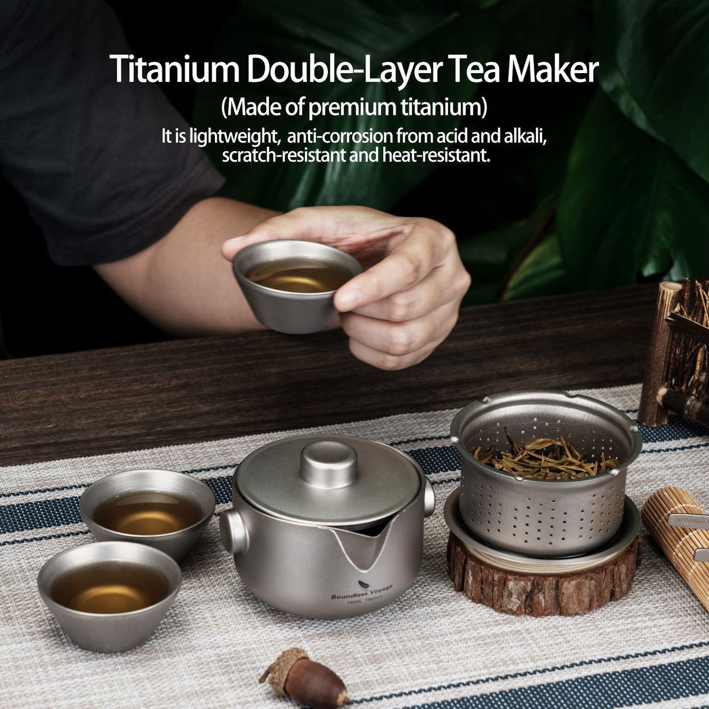 Boundless Voyage 180ml Sandblasted Finish Titanium Double-Layer Tea Maker with Lid Filter Ultralight Teapot with Double-Walled Anti-scalding Coffee Cup MugTi3136D / Ti3137D