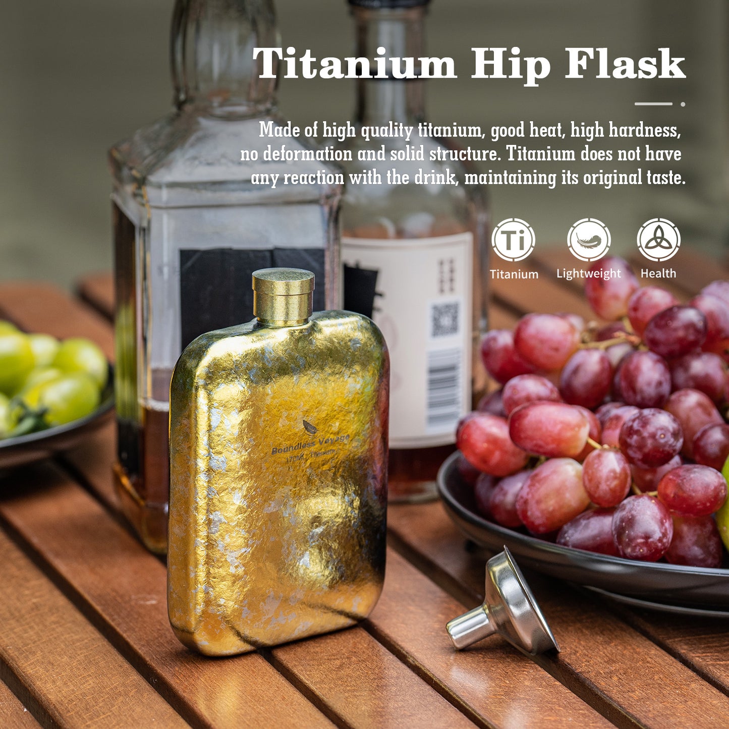 Boundless Voyage Titanium Hip Flask 170ml Small Liquor Flask Bottle for Whiskey Vodka Wine Portable Travel Outdoor Ultralight Pocket Drinkware for Men & Women Ti3263D