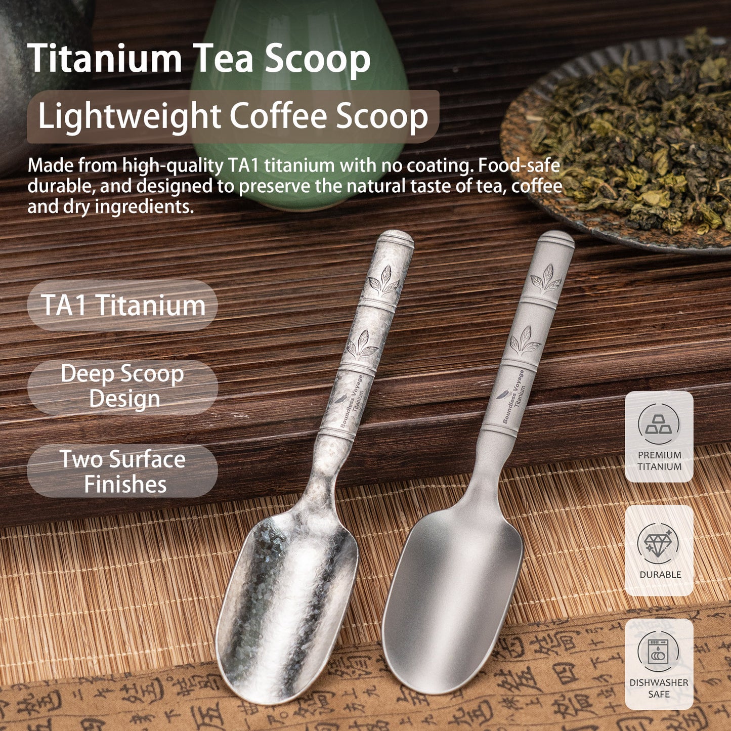 Boundless Voyage Titanium Tea Scoop, Lightweight Coffee Scoop for Camping Travel Home Outdoor Tableware with Carry Bag , Dishwasher Safe Ti1135T