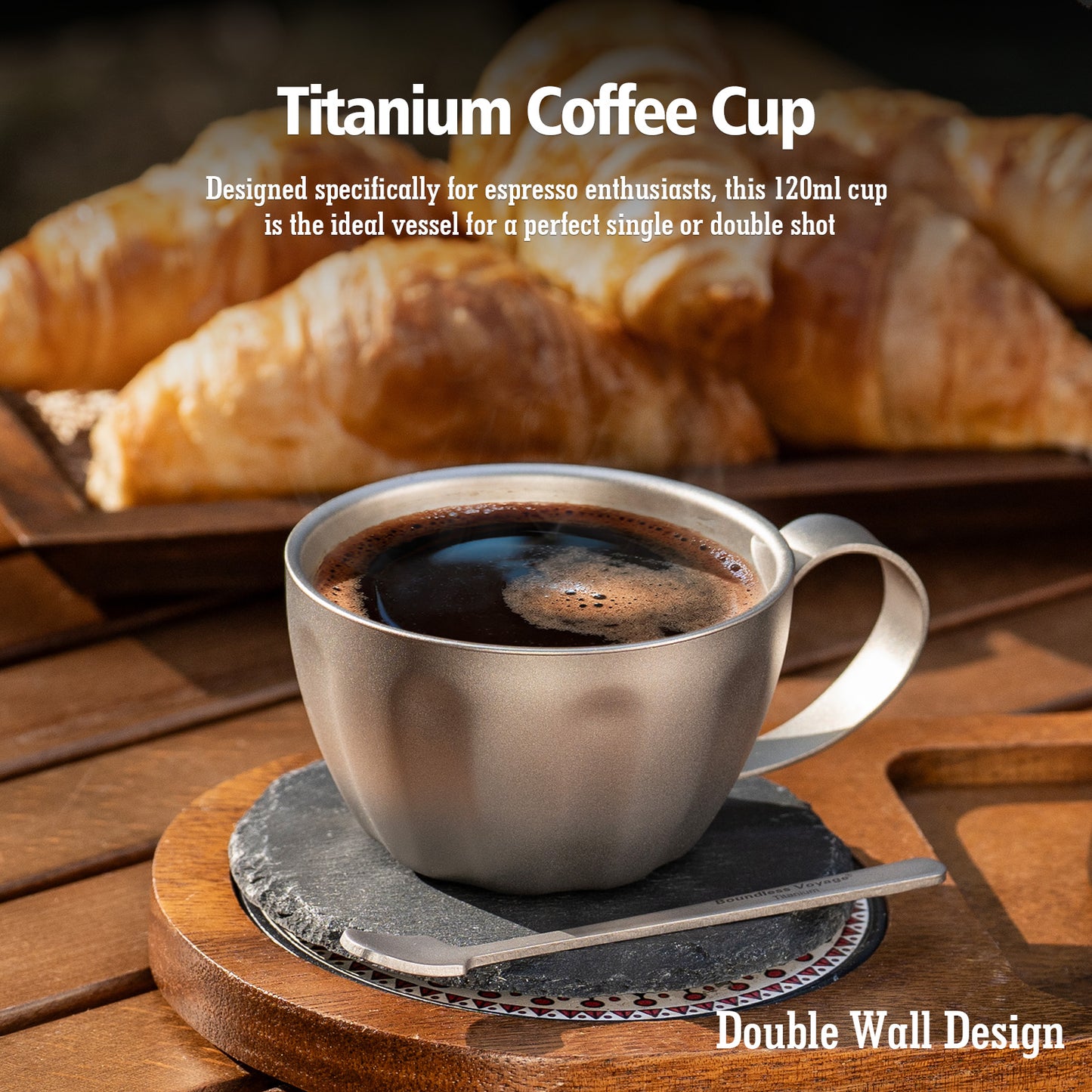 Boundless Voyage 120ml Titanium Espresso Cup, Double‑Wall Heat‑Insulated Coffee Mug with Fixed‑Handle, Compact Light‑Weight for Home, Office, Travel and Camping Ti3088D