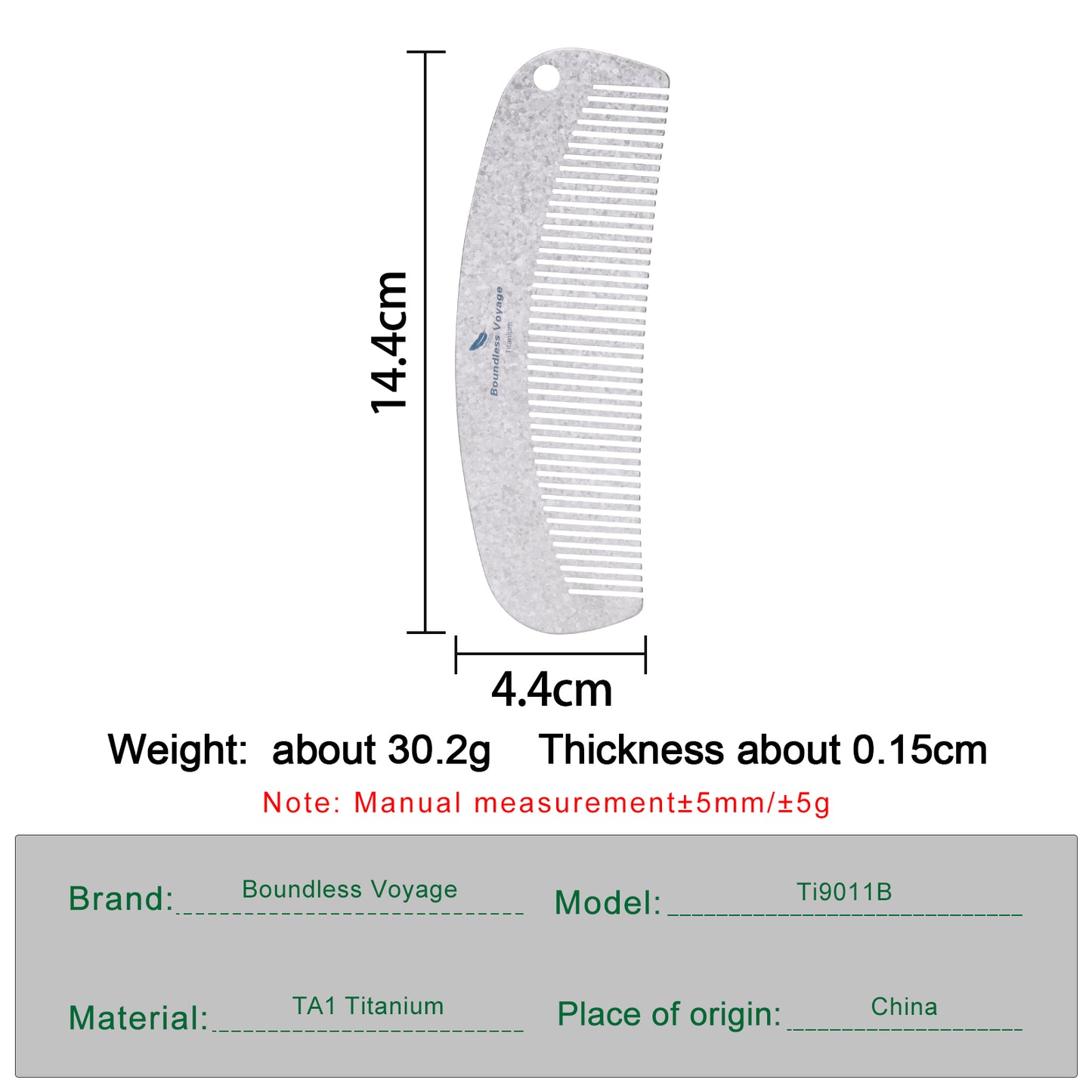 Boundless Voyage Titanium Crescent Comb, Unisex Hair & Beard Styling Comb for Daily Home Use and Travel Carry Ti9011B