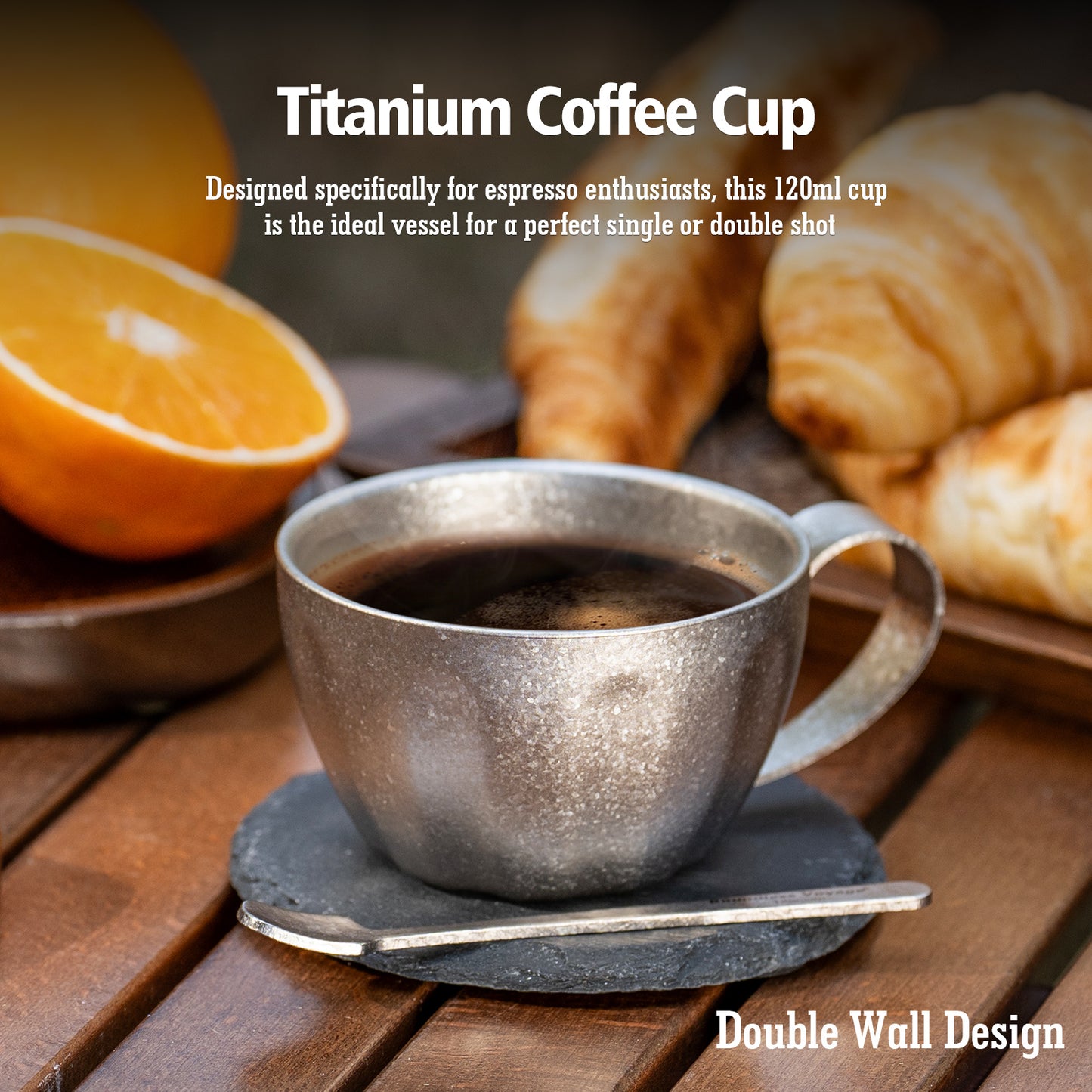 Boundless Voyage 120ml Titanium Espresso Cup, Double‑Wall Heat‑Insulated Coffee Mug with Fixed‑Handle, Compact Light‑Weight for Home, Office, Travel and Camping Ti3088D