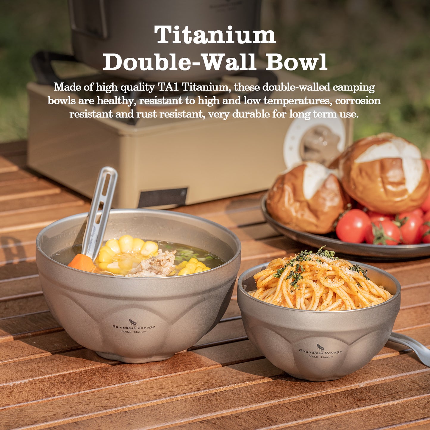 Boundless Voyage 500 ml / 800 ml Titan-Doppelwand-Schale, Reise- und Campinggeschirr, ultraleicht, langlebig, tragbar, für Reis, Suppe, Haferflocken, Joghurt, Ti1171T-Ti1173T