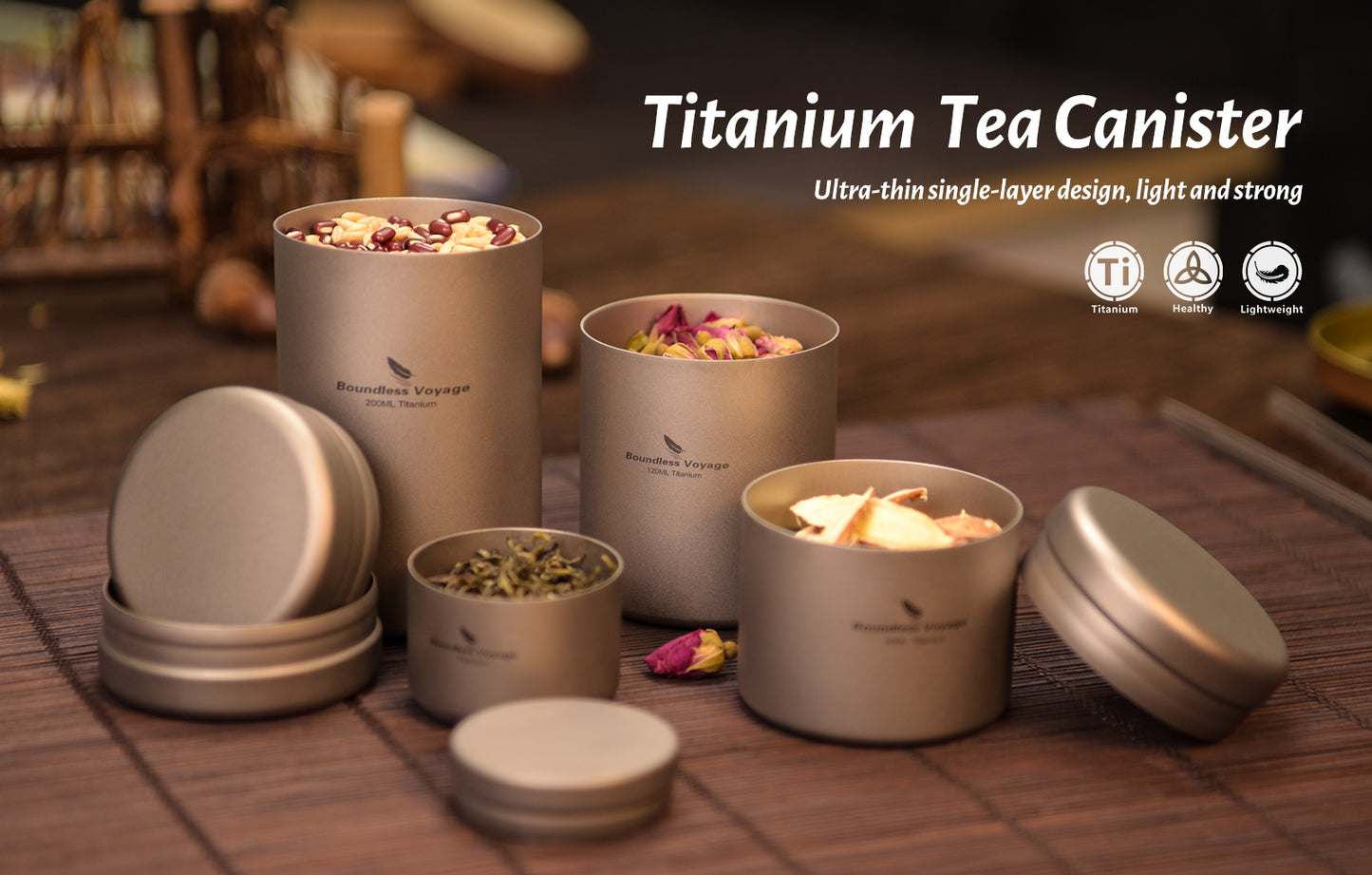 Boundless Voyage Titanium Tea Caddy Canister, Ultralight Portable Food Storage Container, Multi-Purpose Jar for Loose Tea, Coffee Beans, Spices, Nuts & Sugar, for Kitchen, Camping, Travel & Daily Use Ti3208D-Ti3210D